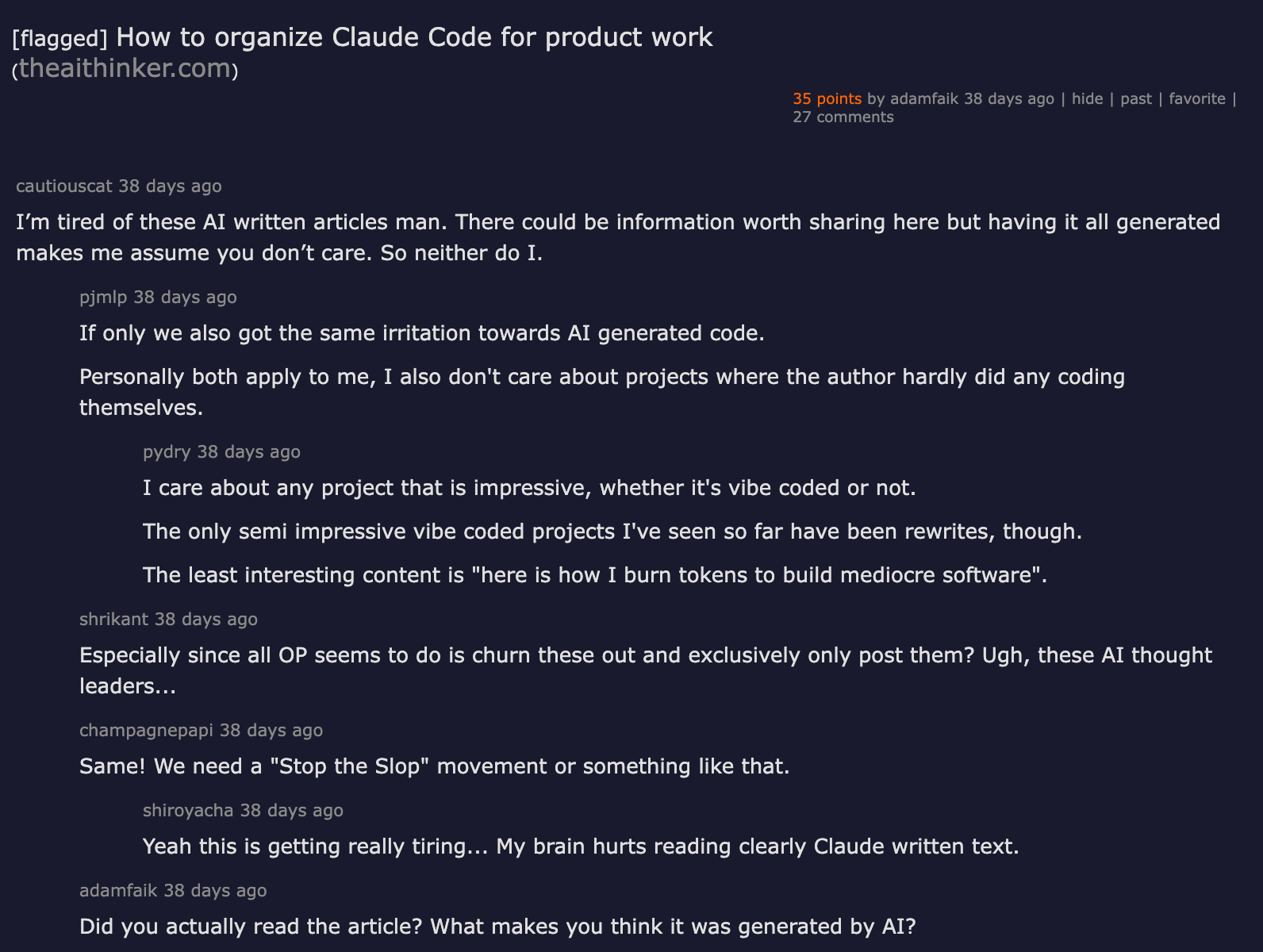 Hacker News discussion — How to organize Claude Code for product work
