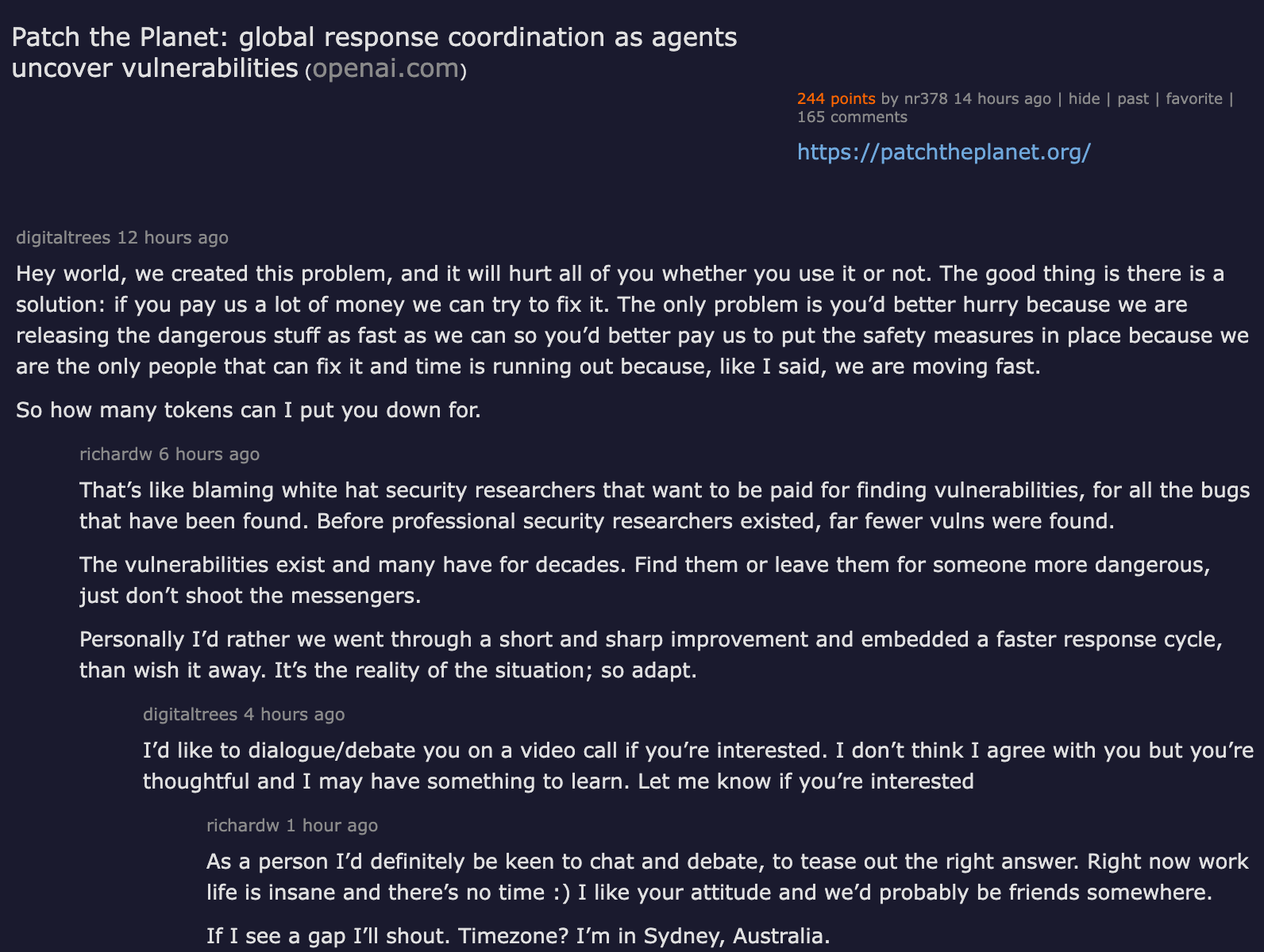 Hacker News thread — Patch the Planet: global response coordination as agents uncover vulnerabilities, 154 points, 90 comments