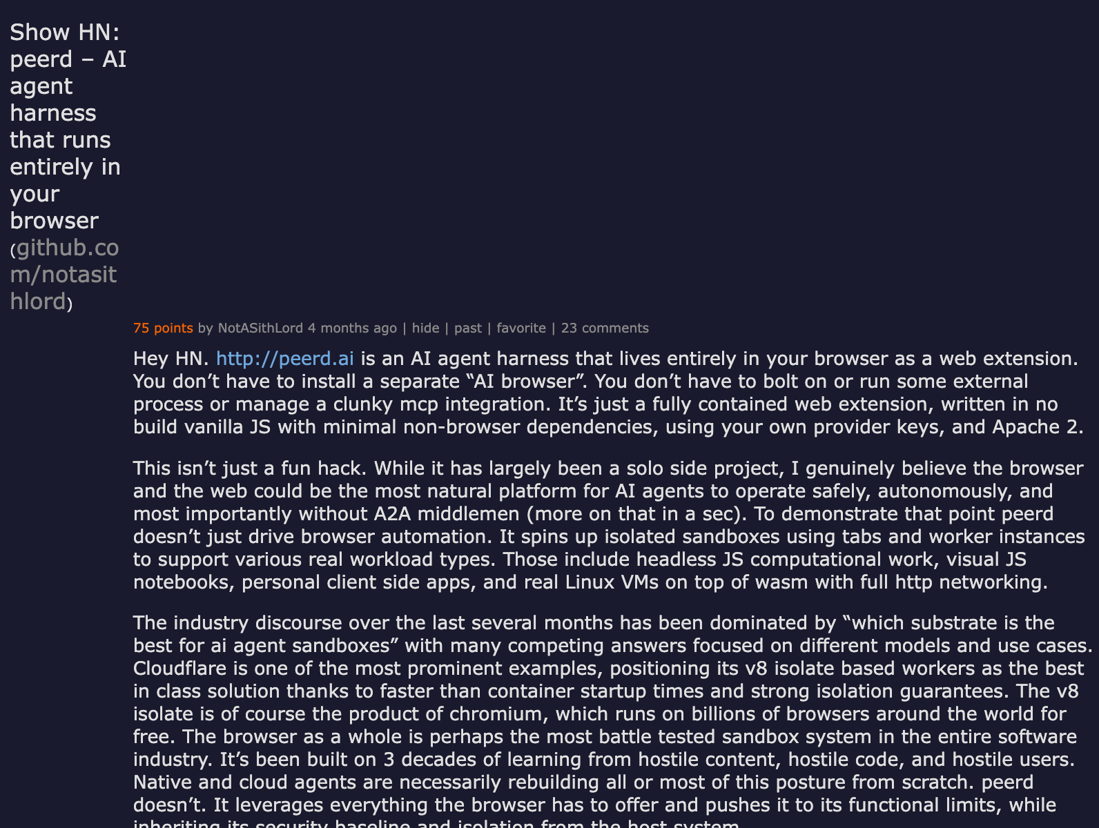 Hacker News Show HN: peerd — AI agent harness that runs entirely in your browser, 75 points