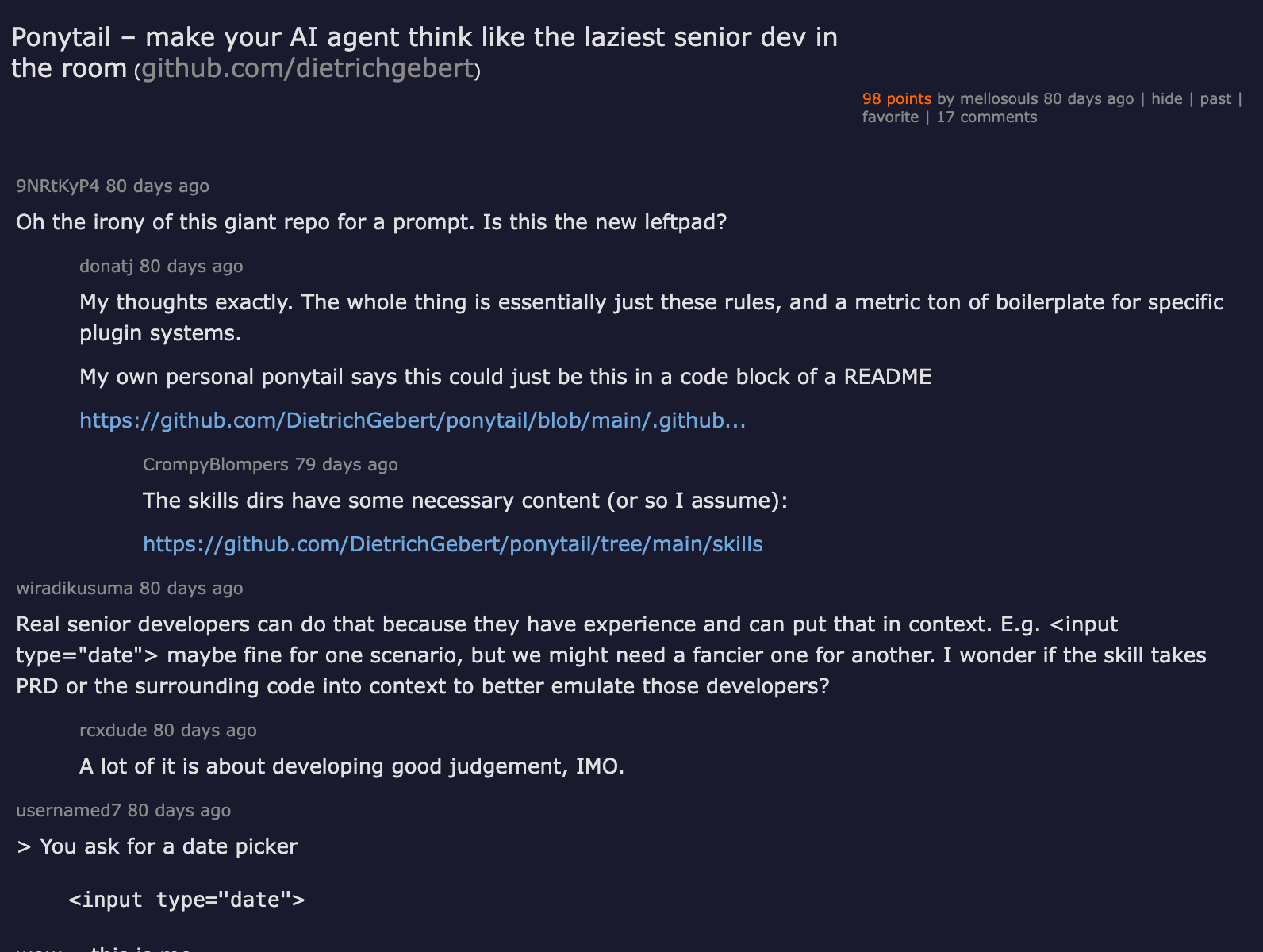Hacker News thread — Ponytail: make your AI agent think like the laziest senior dev in the room, 98 points, 17 comments