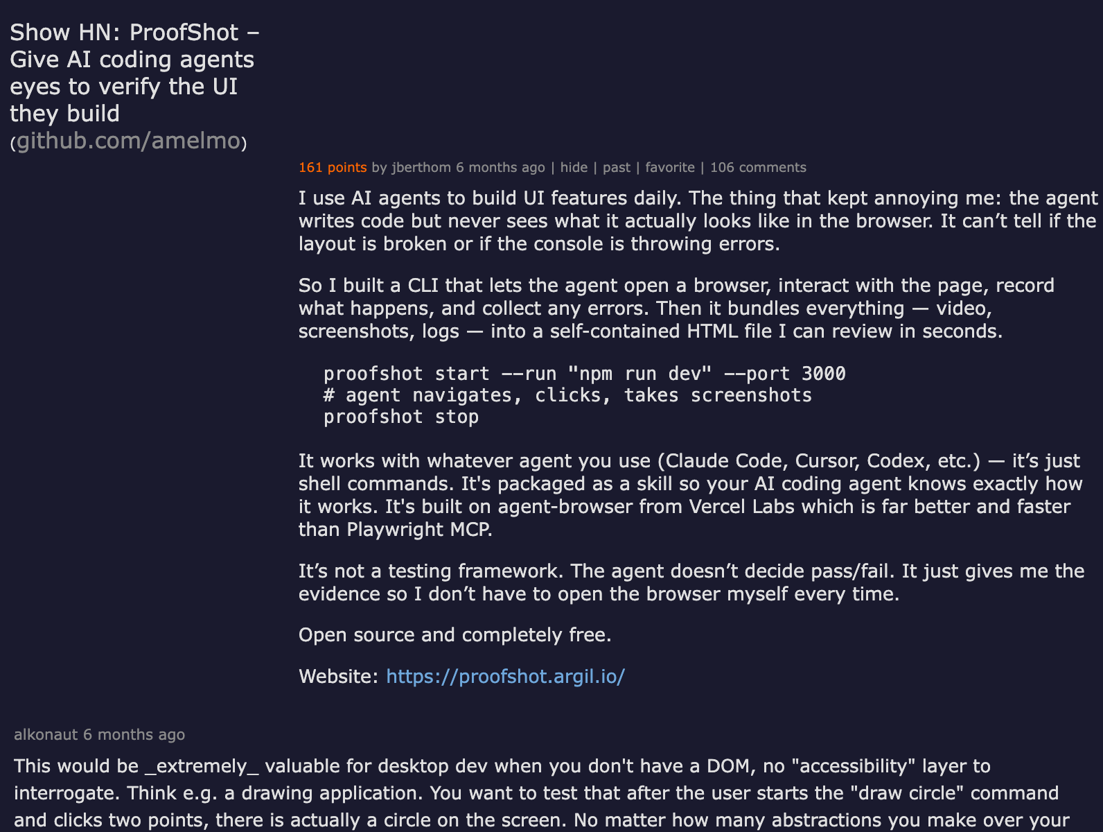 Hacker News discussion — ProofShot: Give AI coding agents eyes to verify the UI they build, 161 points