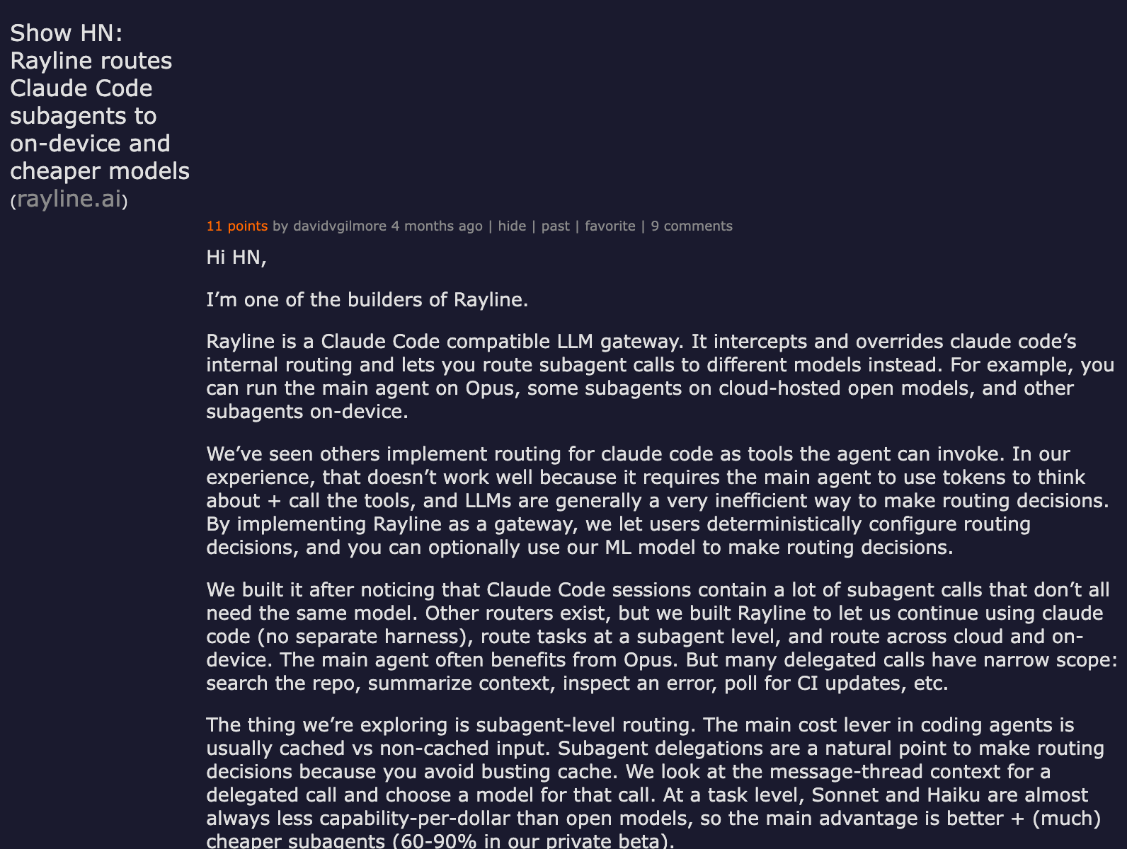 Hacker News — Show HN: Rayline routes Claude Code subagents to on-device and cheaper models