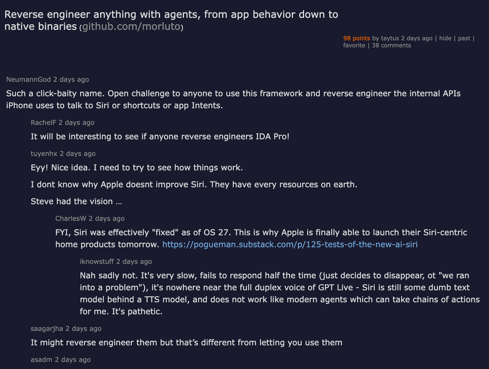 Hacker News thread — Reverse engineer anything with agents, from app behavior down to native binaries — 98 points, 38 comments