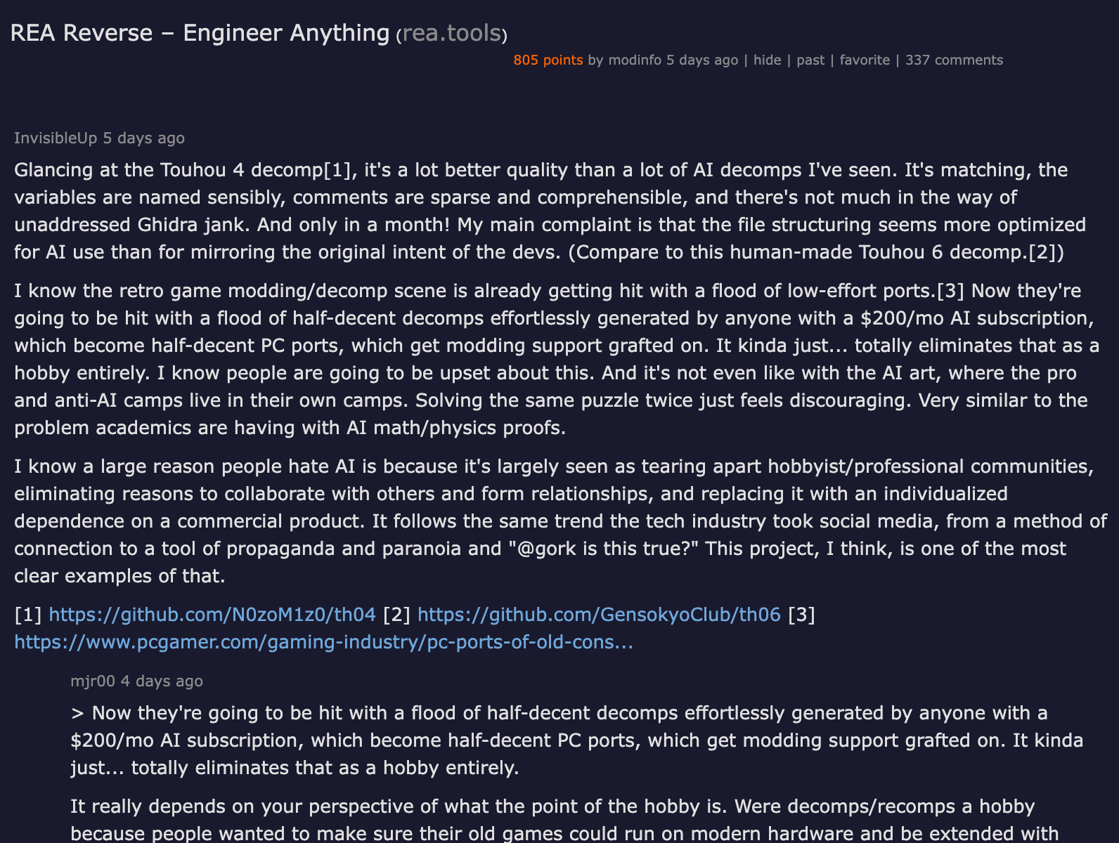 Hacker News thread — REA Reverse-Engineer Anything with 805 points and 337 comments