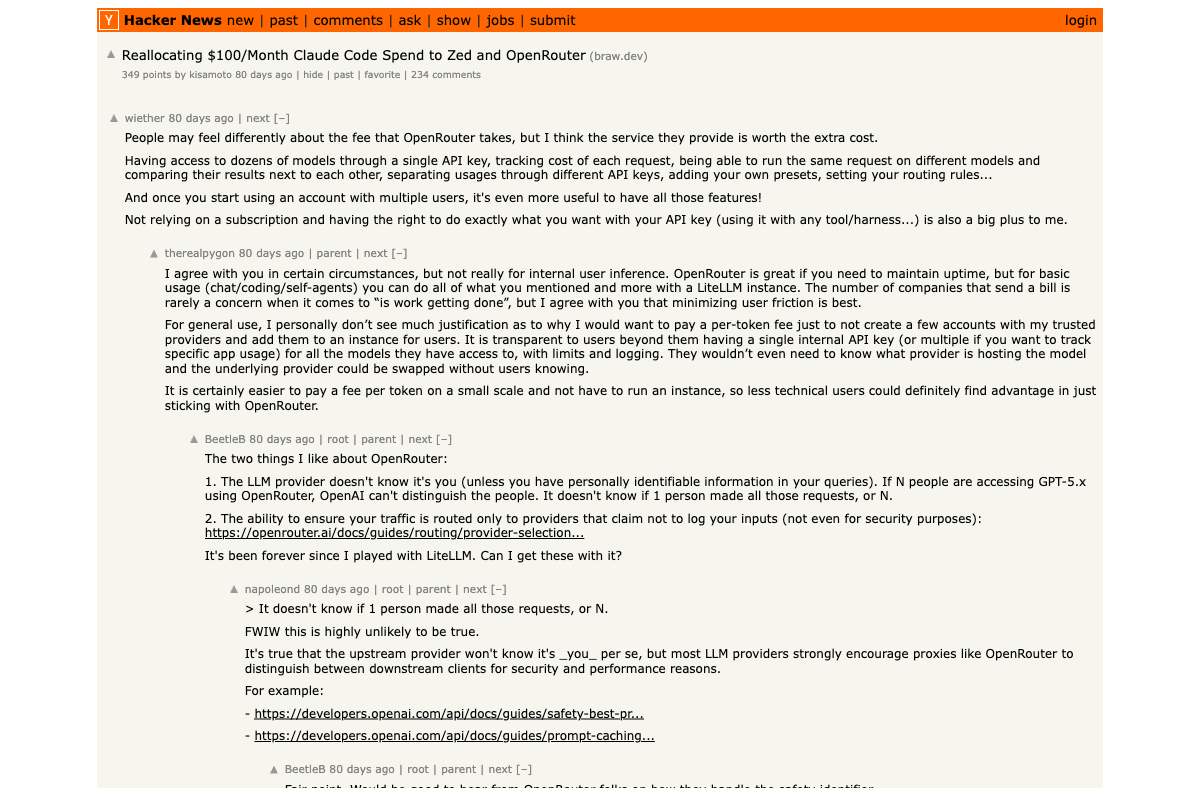 Hacker News thread — Reallocating $100/Month Claude Code Spend to Zed and OpenRouter