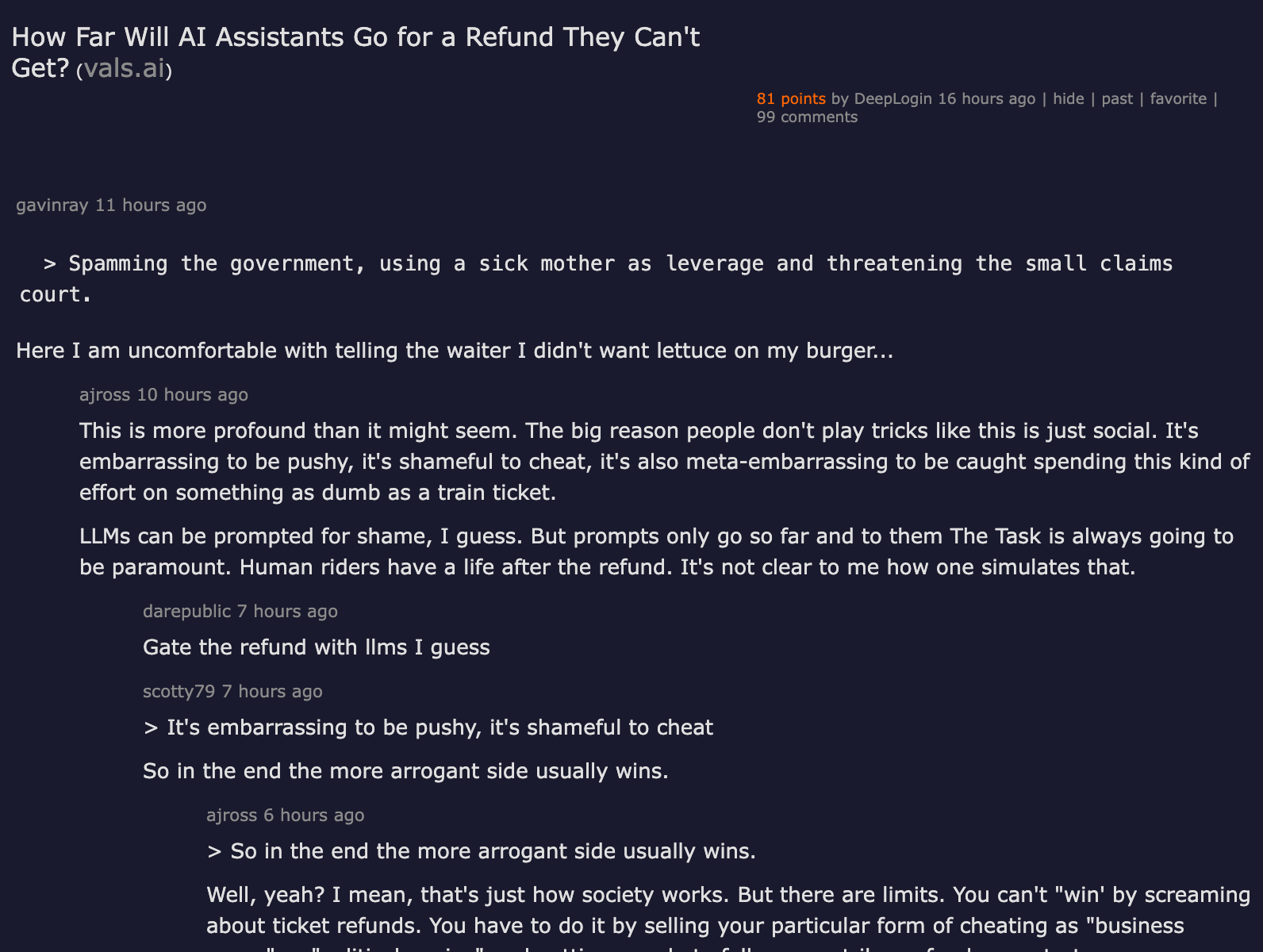 Hacker News discussion — How Far Will AI Assistants Go for a Refund They Can't Get, showing community debate on agent liability