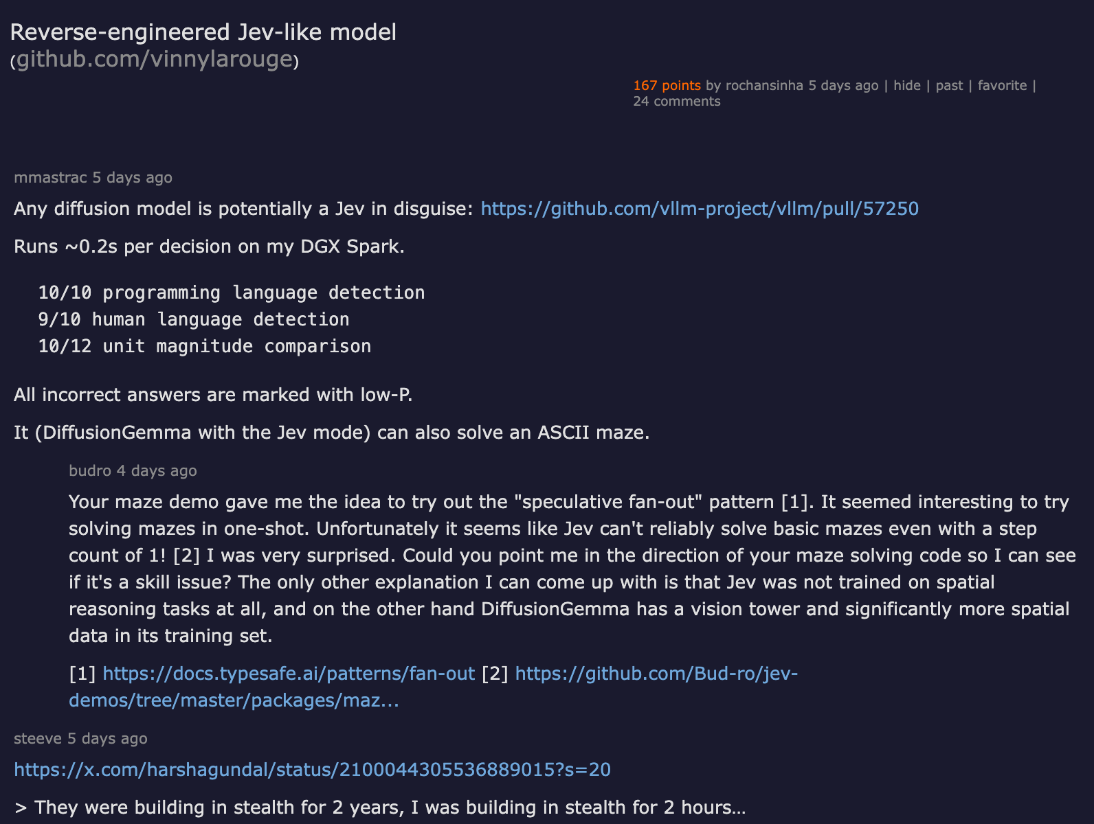 Hacker News thread Reverse-engineered Jev-like model, where mmastrac argues any diffusion model is potentially a Jev in disguise and reports about 0.2s per decision