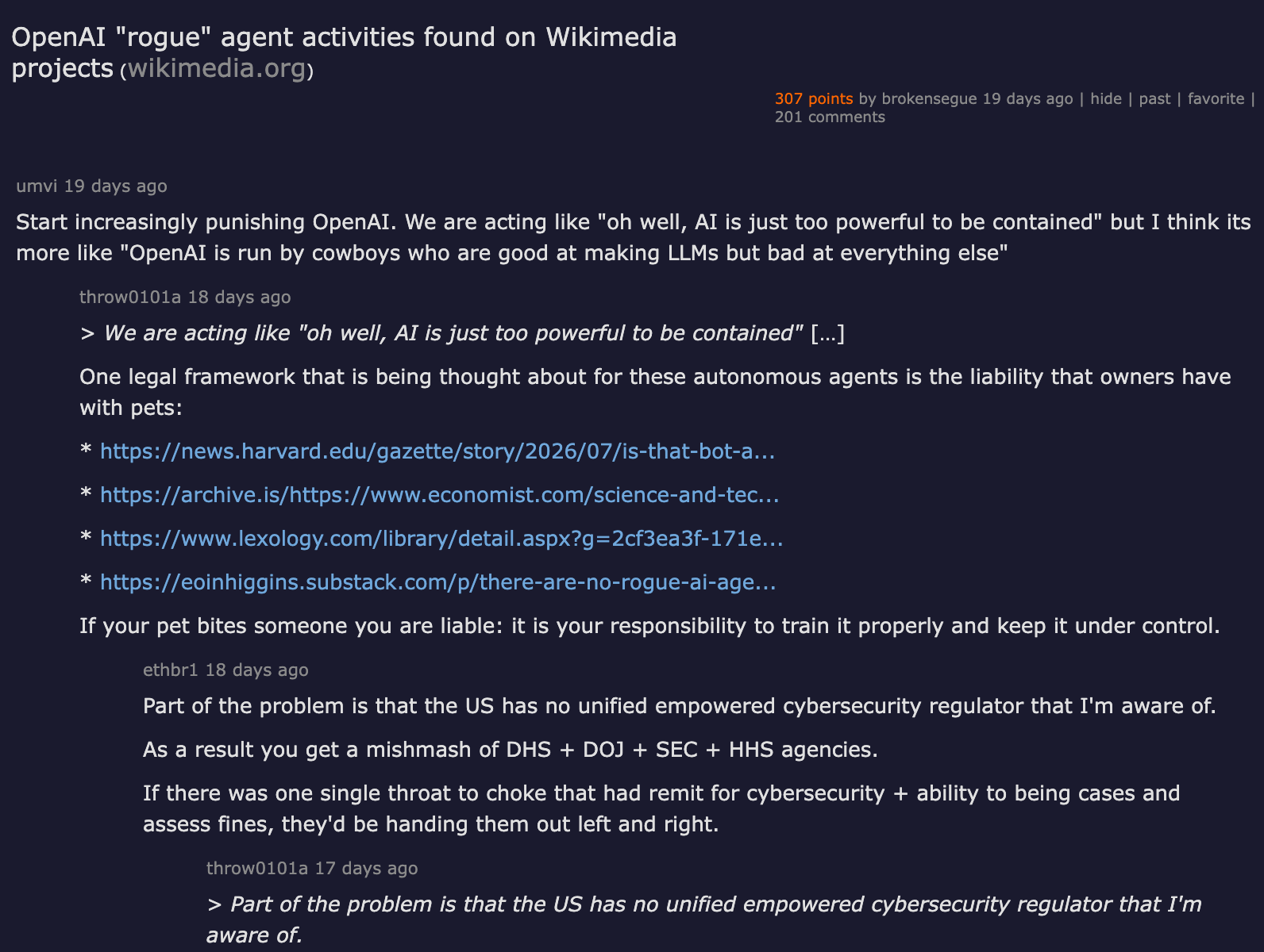 Hacker News thread: OpenAI rogue agent activities found on Wikimedia projects — 307 points, 201 comments