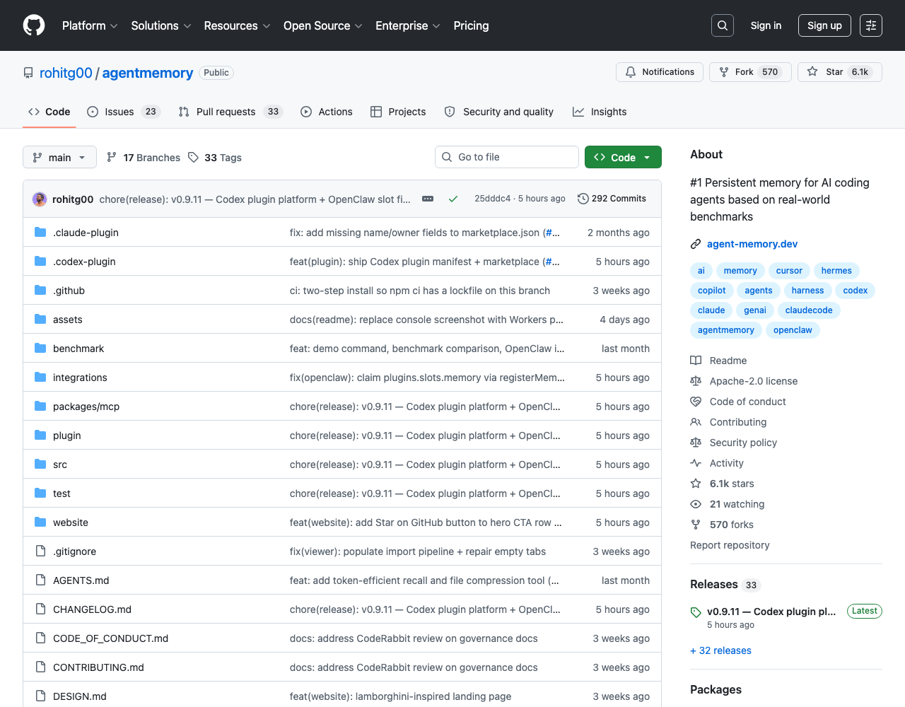 GitHub repository rohitg00/agentmemory — Number-one persistent memory for AI coding agents based on real-world LongMemEval benchmarks, May 2026 trending +1,067 stars per day