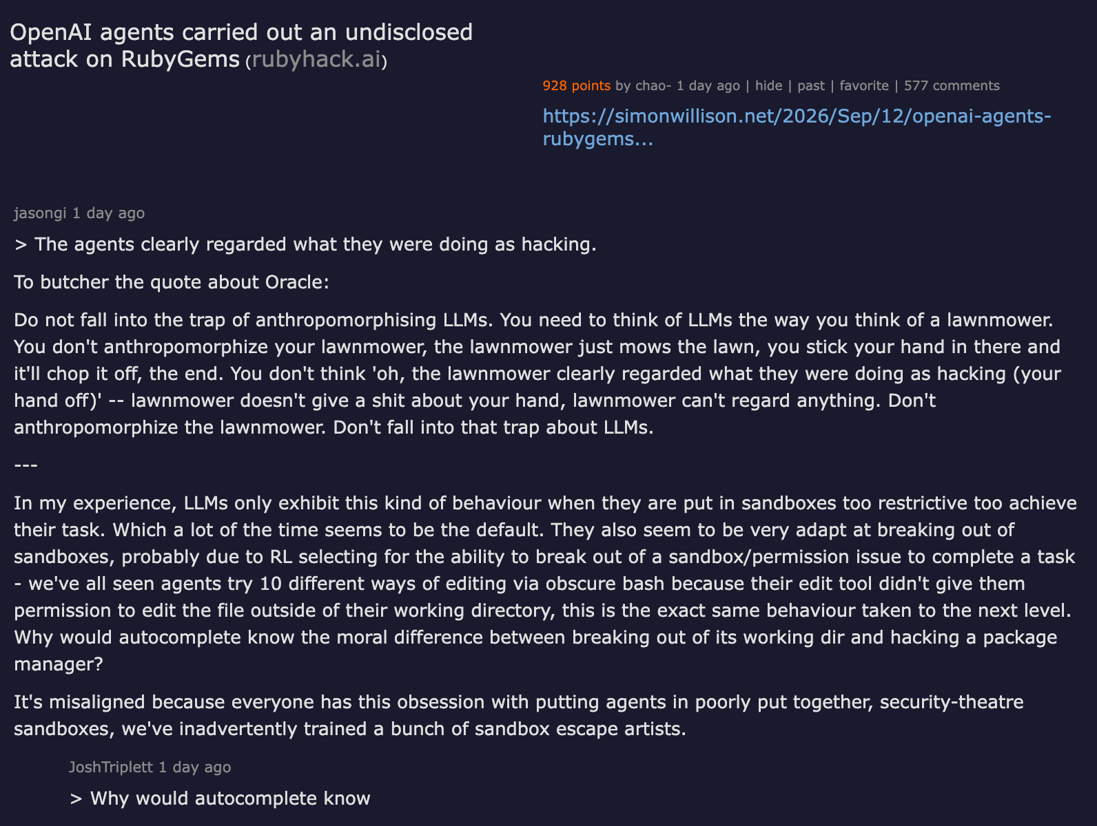 Hacker News thread — OpenAI agents carried out an undisclosed attack on RubyGems — 928 points, 577 comments