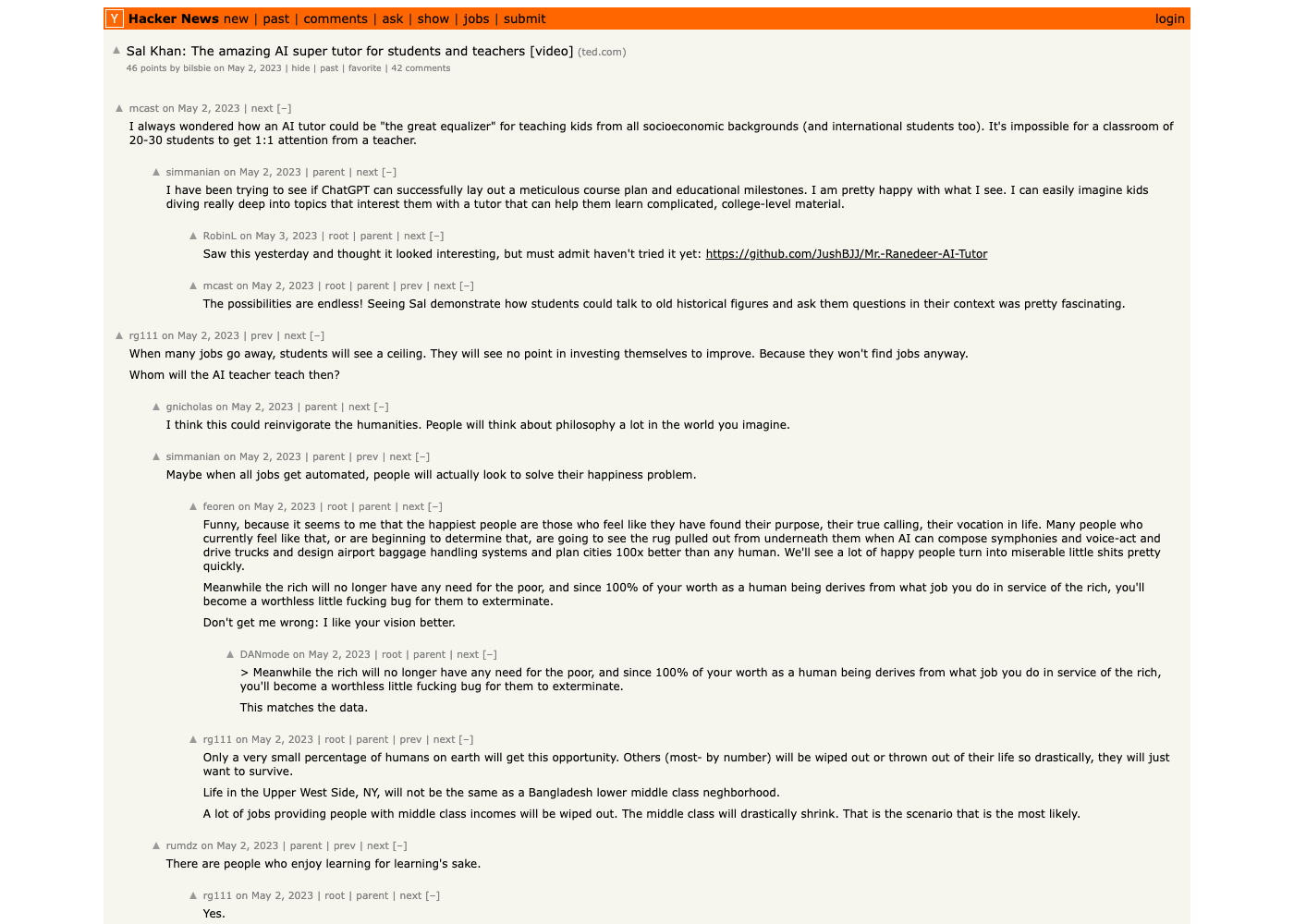 Hacker News thread for Sal Khan — The amazing AI super tutor for students and teachers TED video, 46 points, 42 comments, the original 2023 optimism case that the 2026 walkback is now responding to