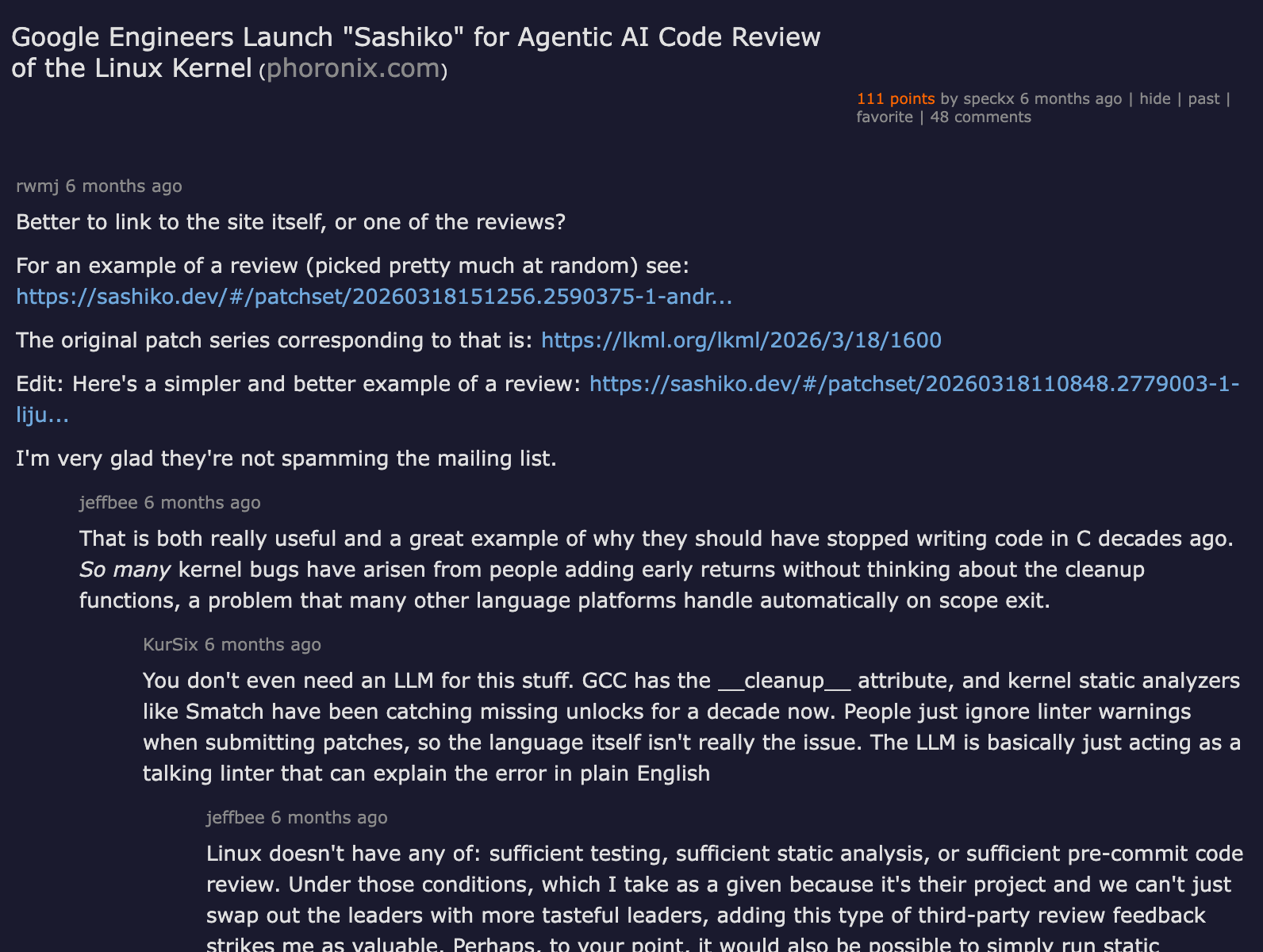 Hacker News discussion — Google Engineers Launch Sashiko for Agentic AI Code Review of the Linux Kernel, 111 points
