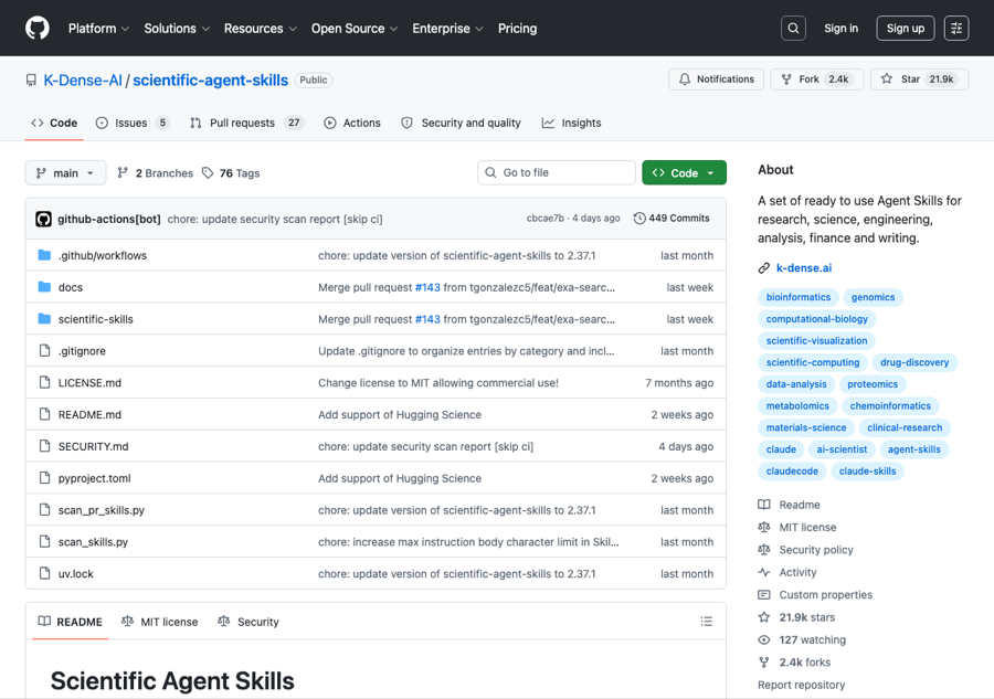K-Dense-AI/scientific-agent-skills GitHub repository — production skill bundle for scientific research workflows including protein folding, literature scraping, and experiment-design rubrics
