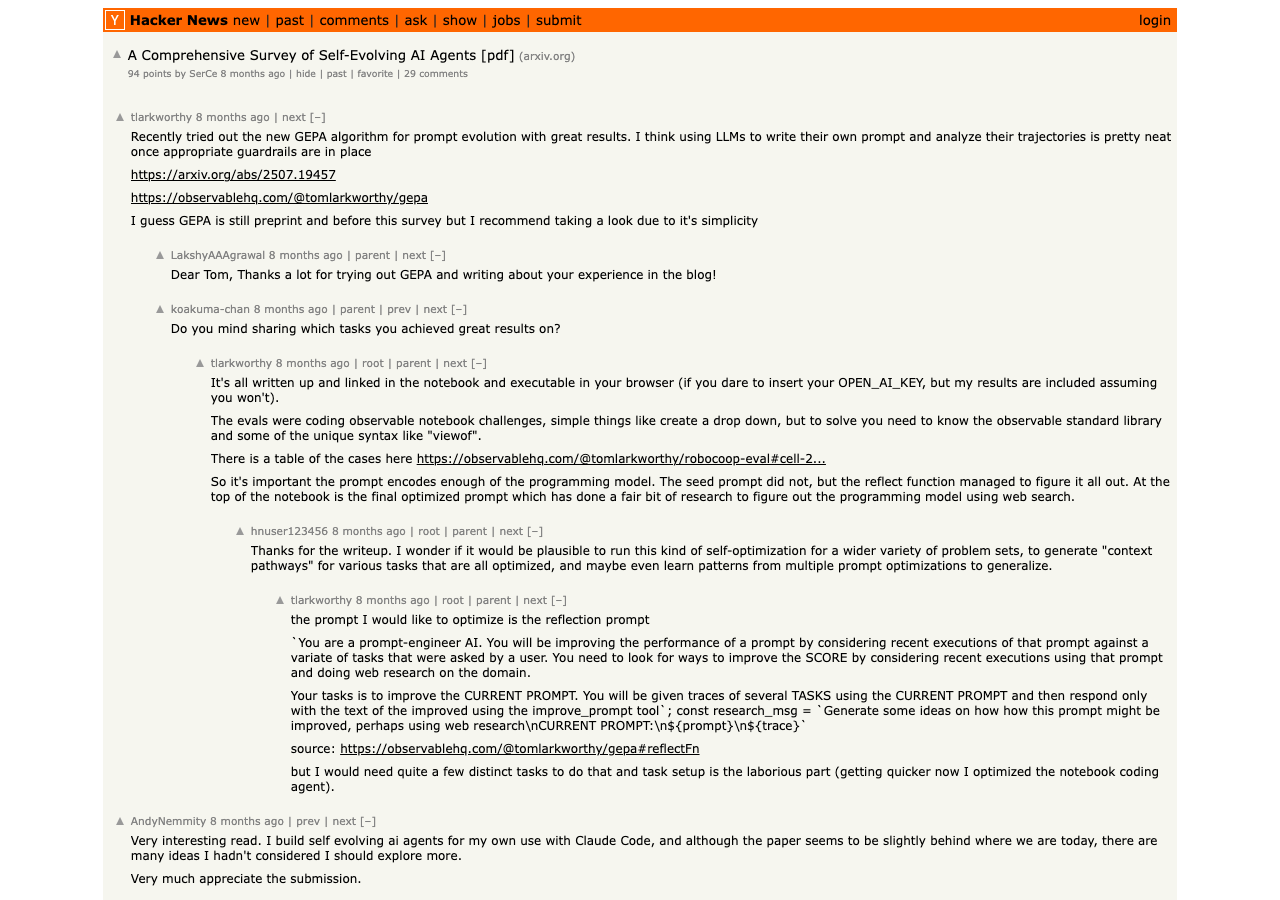 HN: A Comprehensive Survey of Self-Evolving AI Agents — 94 points, 29 comments