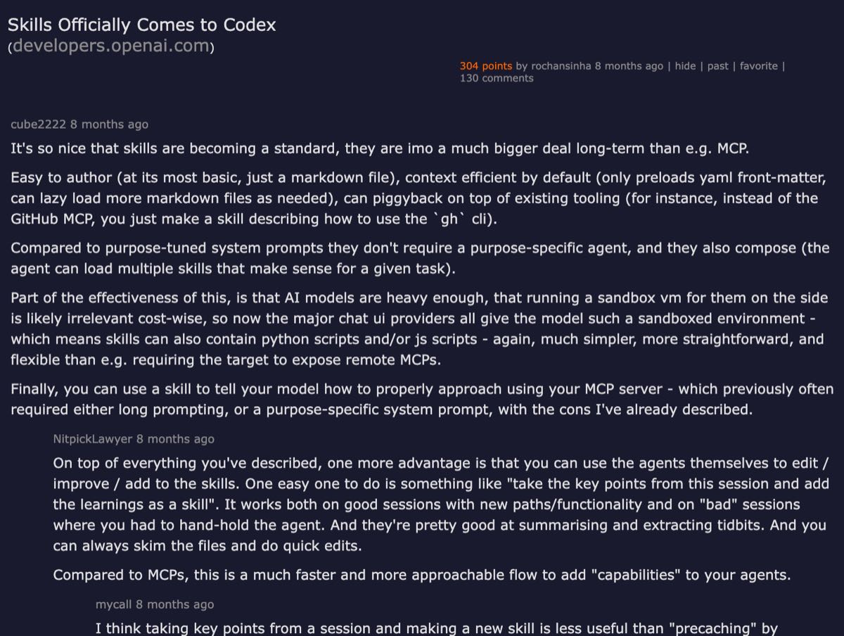 Hacker News thread — Skills Officially Comes to Codex, 304 points, 130 comments discussing agent skills format