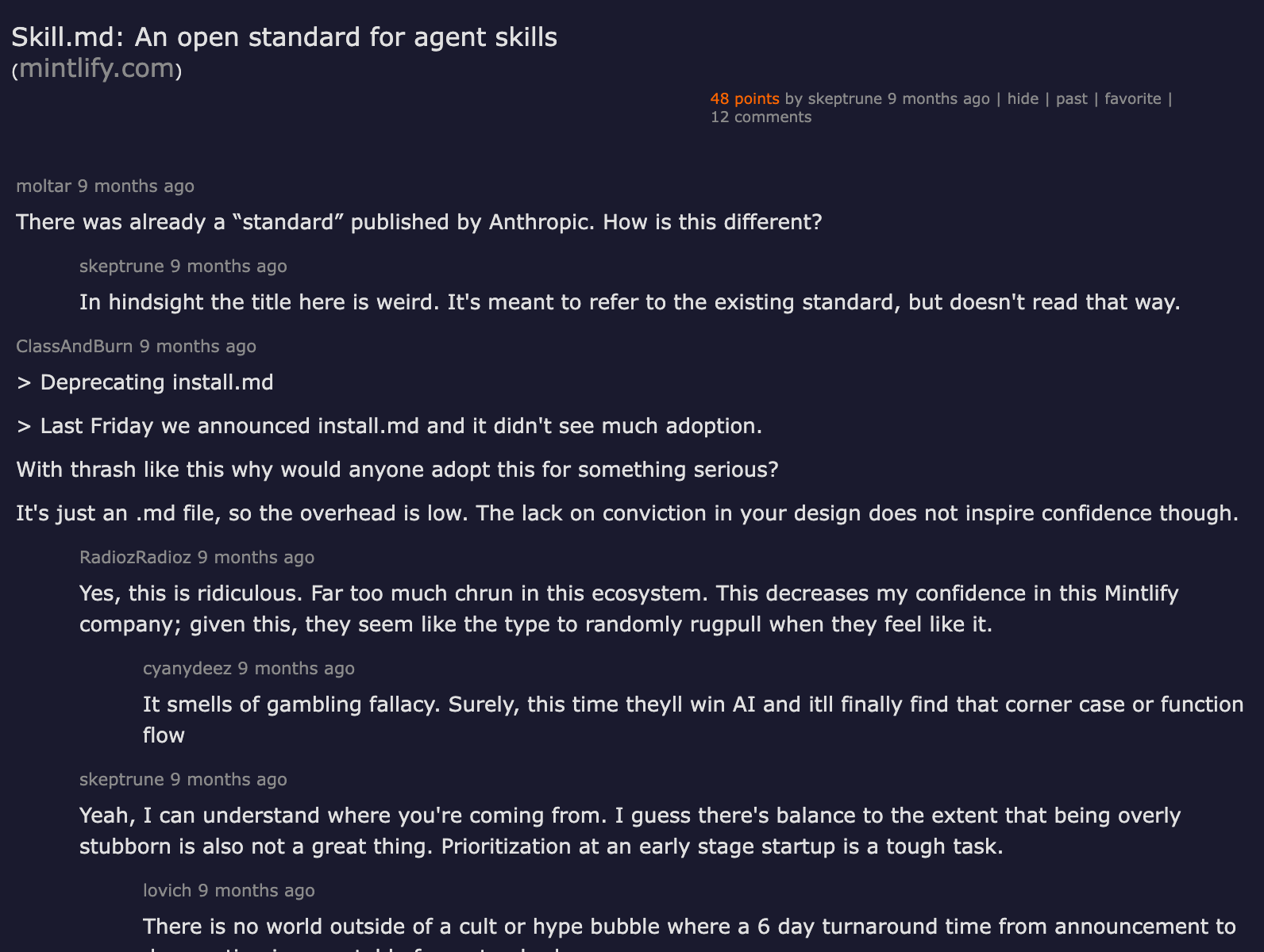 Hacker News discussion on Skill.md as an open standard for agent skills, 48 points and 12 comments debating the spec design