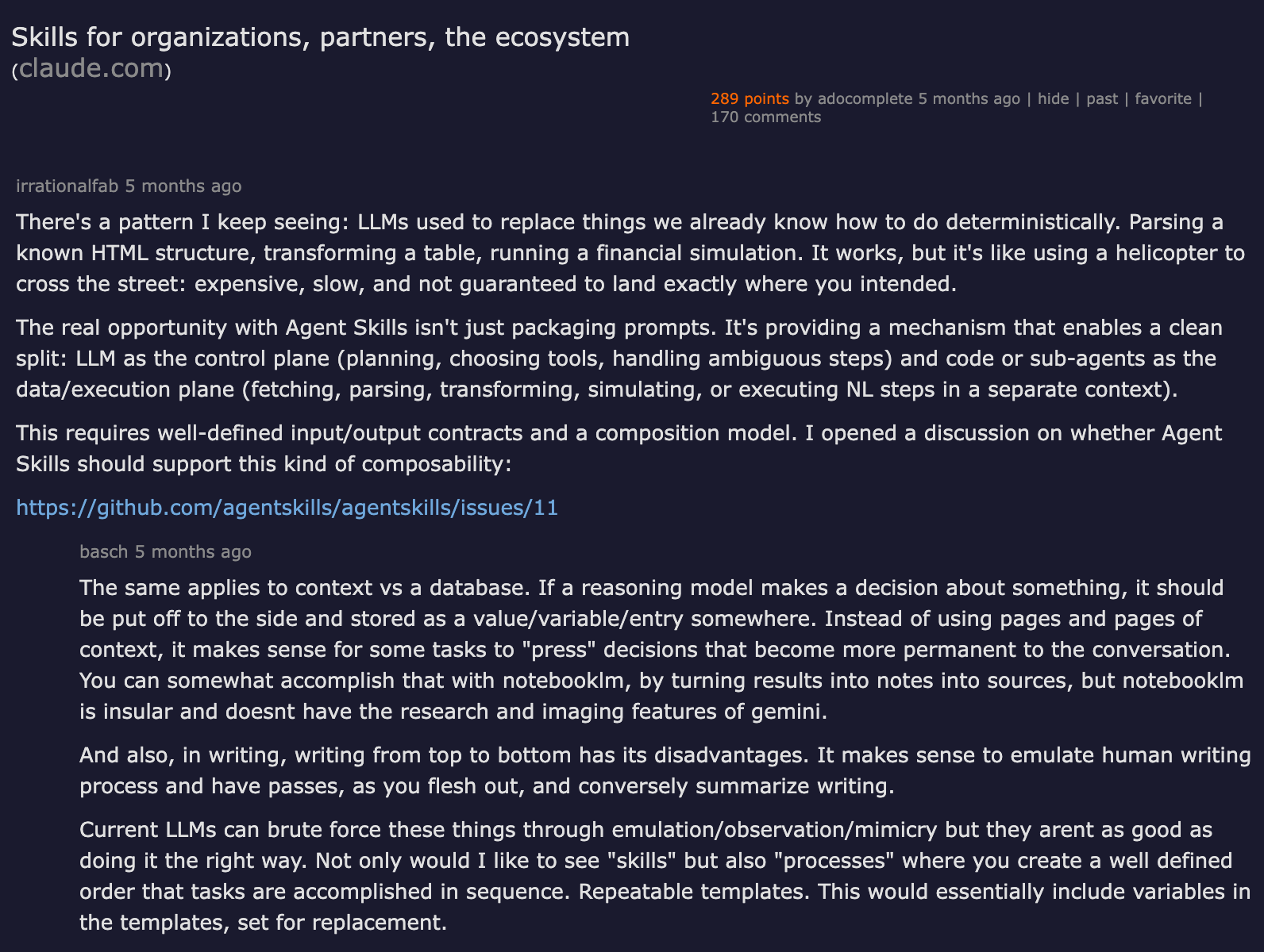 Hacker News discussion of Anthropic Skills for organizations, partners and the ecosystem — community framing of skills as the abstraction layer between LLM control plane and tool execution plane, with cross-vendor catalog implications