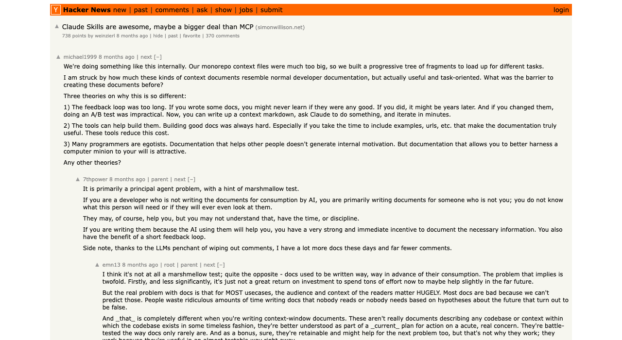 Hacker News — Claude Skills are awesome, maybe a bigger deal than MCP