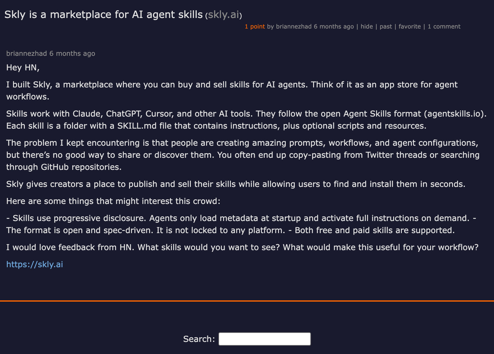 Hacker News thread — Skly is a marketplace for AI agent skills