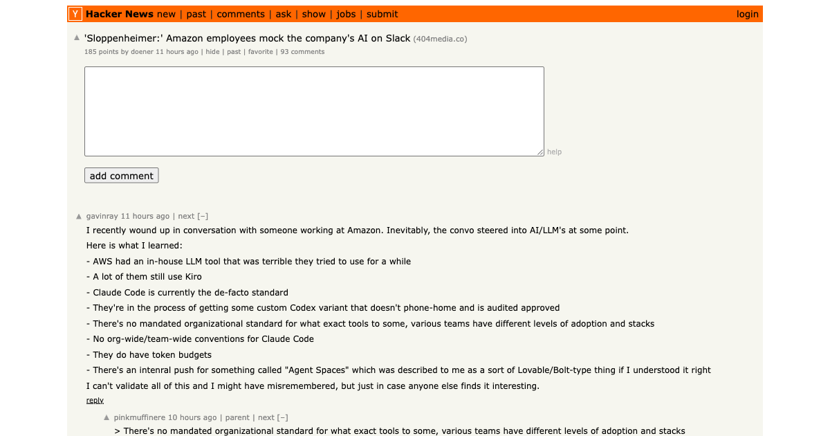 Hacker News — Sloppenheimer: Amazon employees mock the company's AI on Slack, June 2026