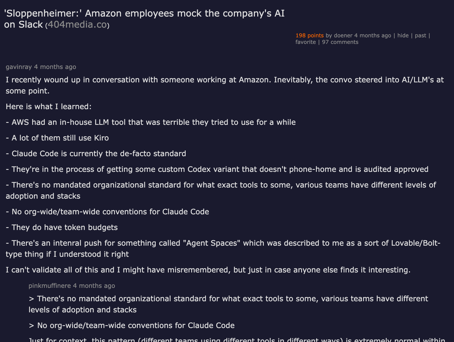 Hacker News — Sloppenheimer: Amazon employees mock company AI, 264+ comments on the cost of not reviewing AI code