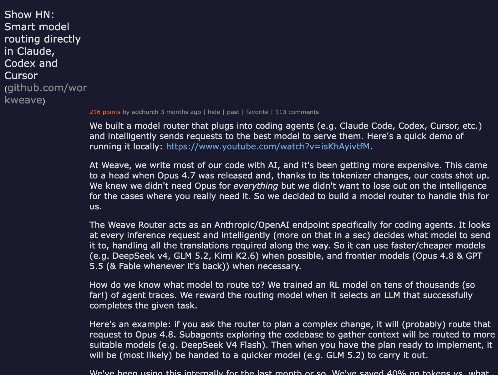 Hacker News — Show HN: Smart model routing directly in Claude, Codex and Cursor (216 points)