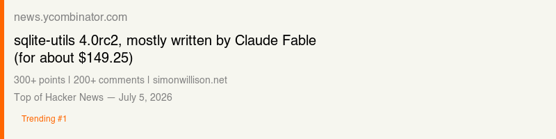 Hacker News thread with 300+ points discussing Simon Willison's sqlite-utils 4.0rc2 release mostly written by Claude Fable for $149.25