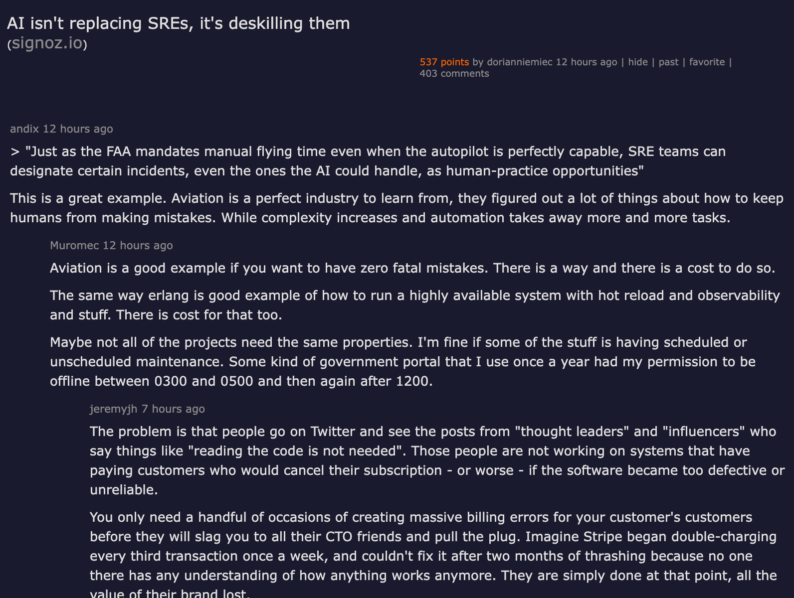 Hacker News thread: AI isn't replacing SREs, it's deskilling them — 466 points, 341 comments, with top comment comparing to FAA manual flying requirements