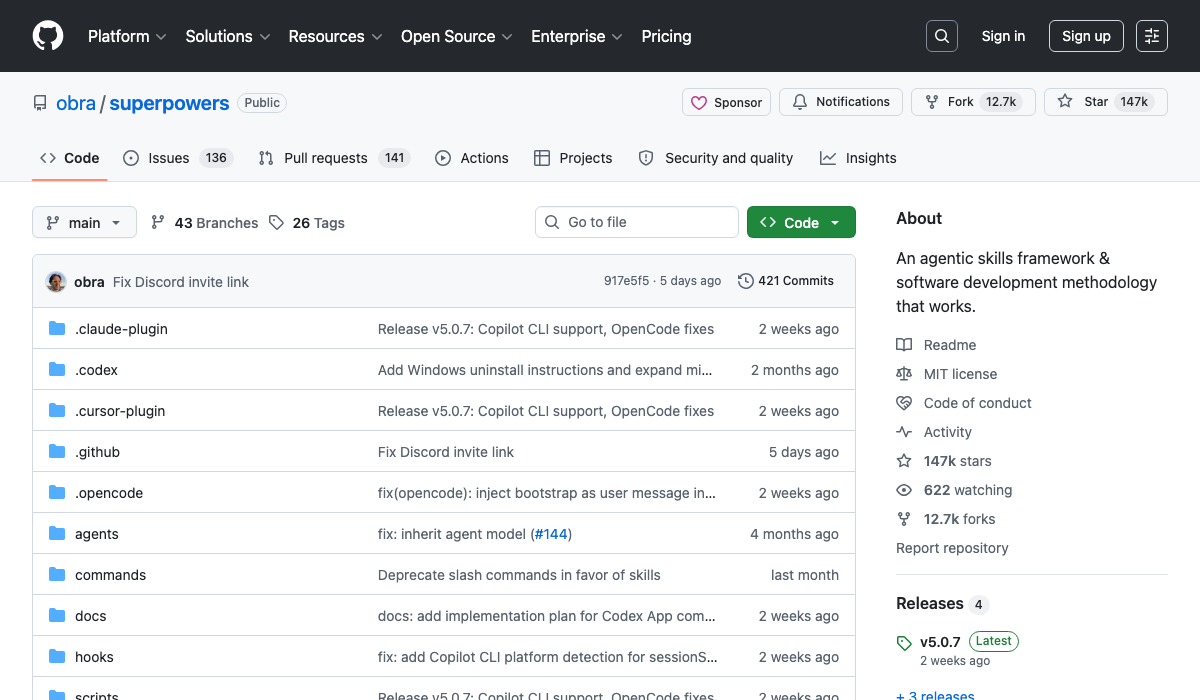 obra/superpowers GitHub repository — 147,000 stars, an agentic skills framework and software development methodology