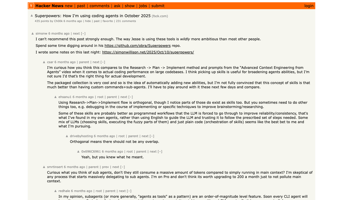 Hacker News: Superpowers - How I'm using coding agents in October 2025 — original announcement thread with 500+ points