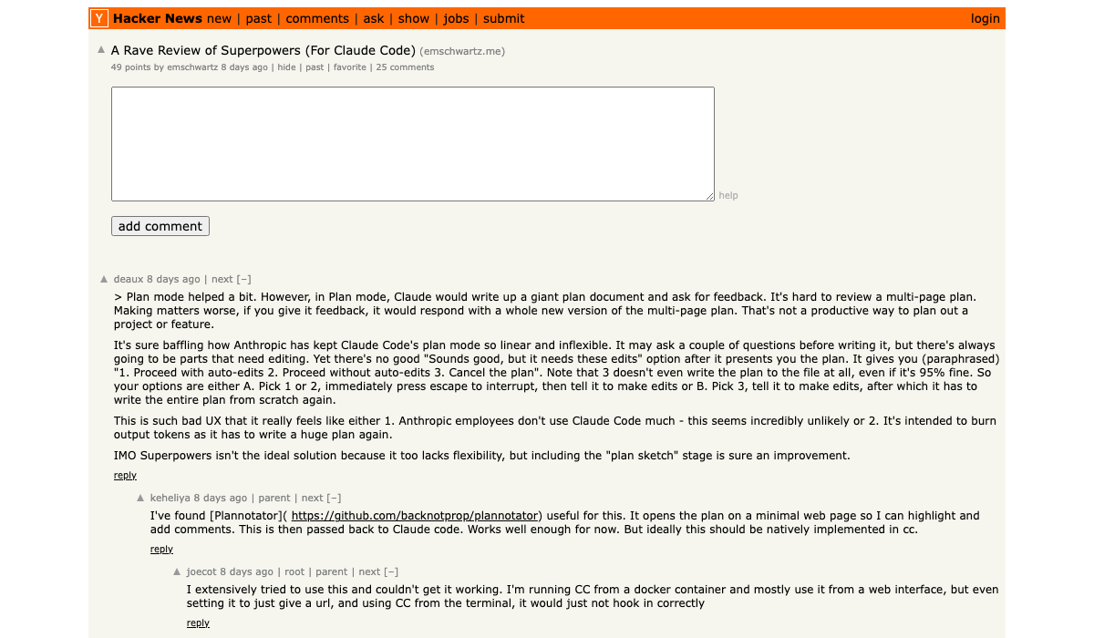 Hacker News: A Rave Review of Superpowers (For Claude Code) — 49 points, 25 comments