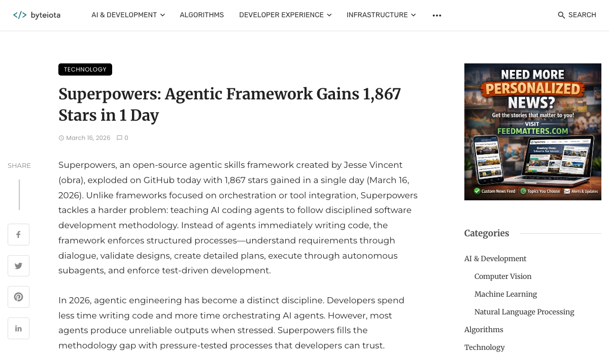 ByteIota analysis: obra/superpowers gains 1,867 GitHub stars in a single day — developer appetite for agentic skills frameworks confirmed