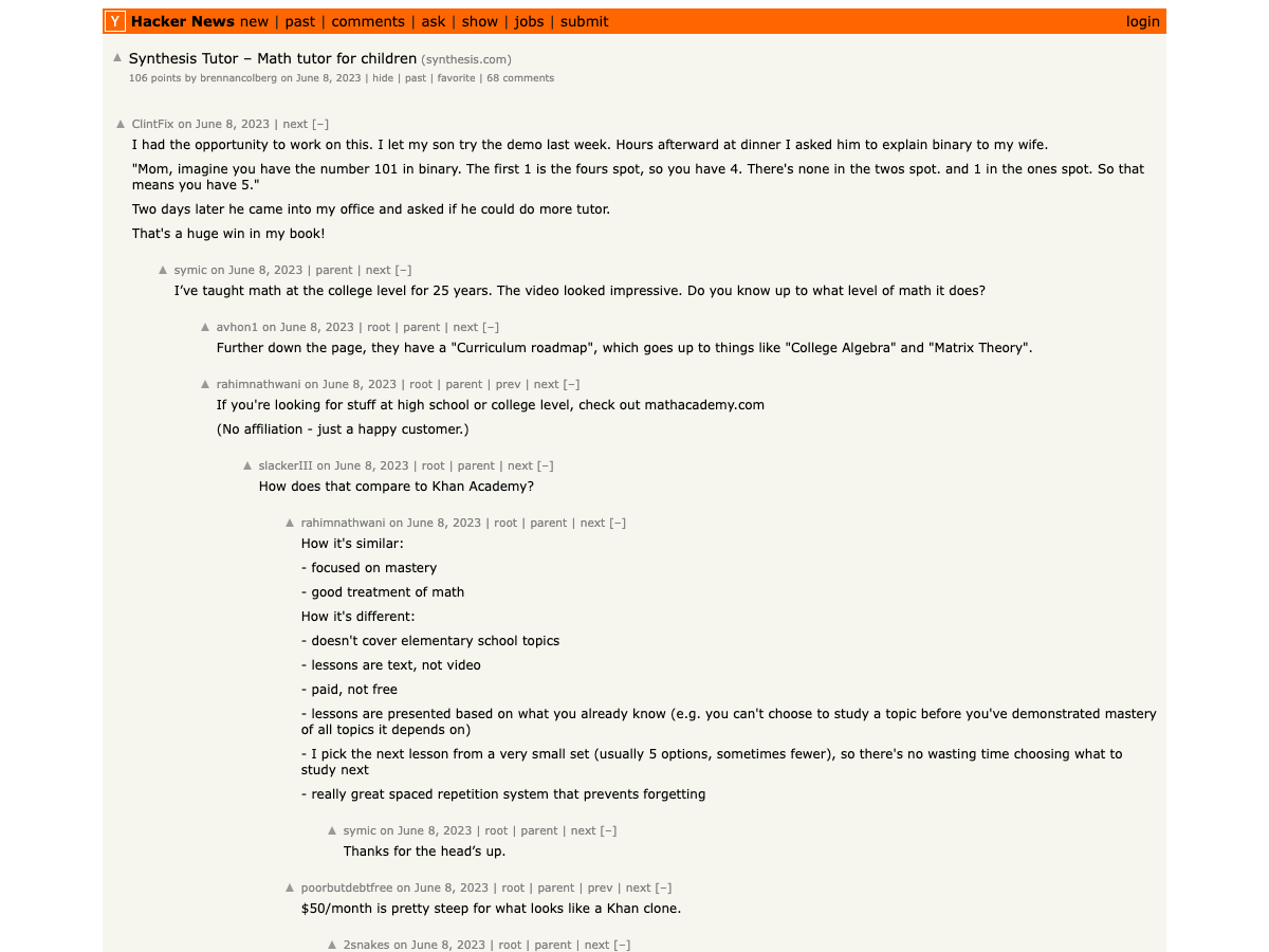 Hacker News thread for Synthesis Tutor — Math tutor for children, 106 points, 68 comments, with parent reviews and the early game-loop product positioning that has since scaled to $10M revenue