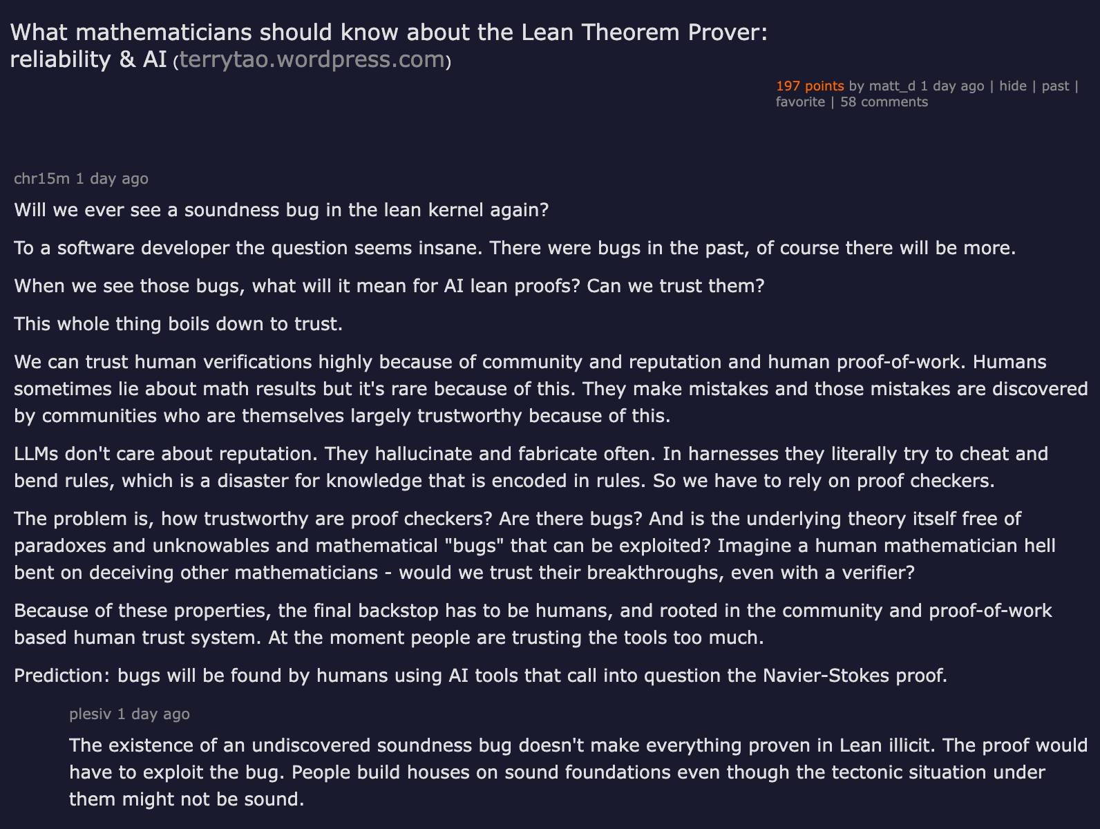 Hacker News thread on Tao's Lean post — 175 points, 48 comments