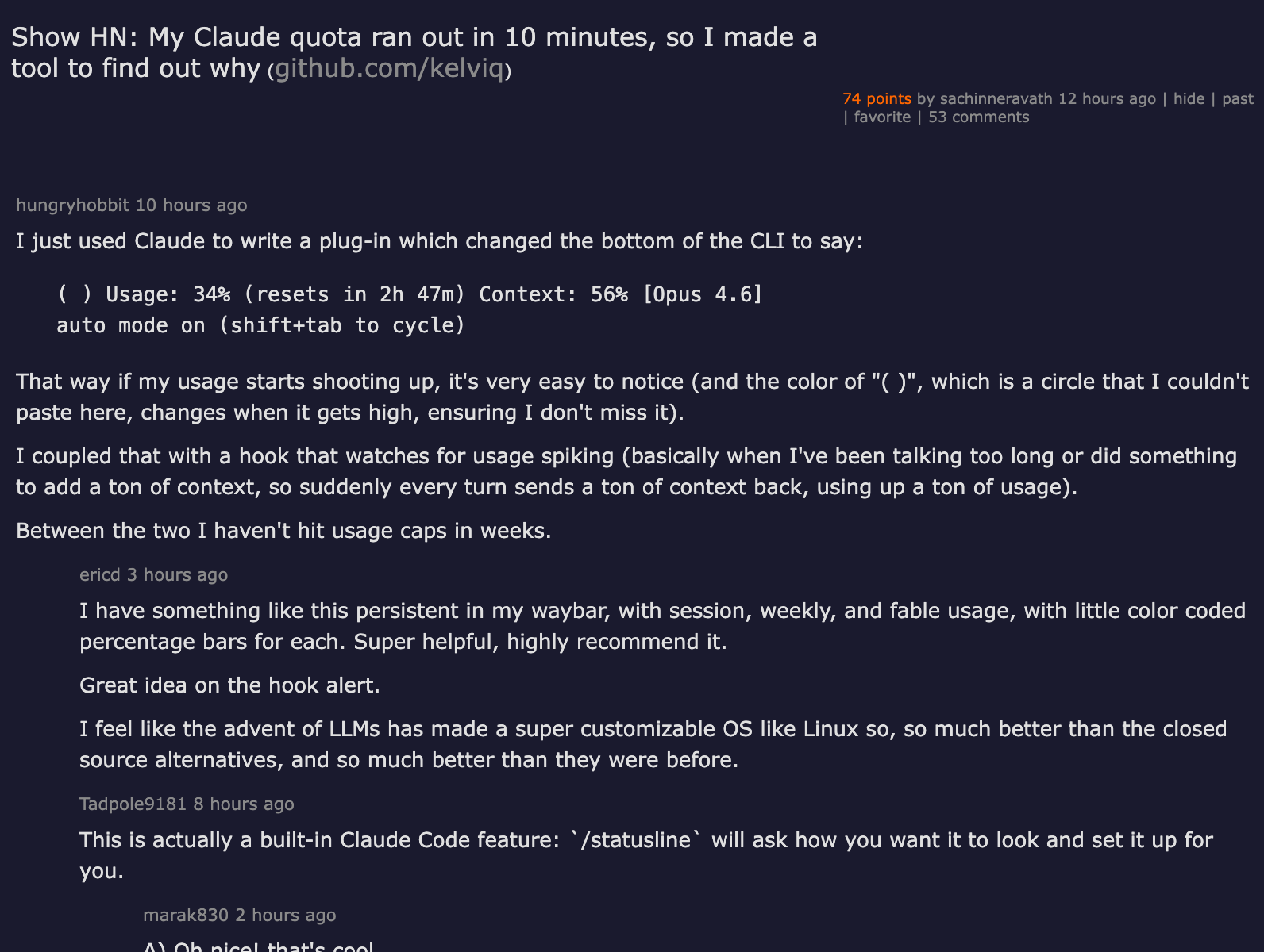 Show HN: Tare — My Claude quota ran out in 10 minutes, so I made a tool to find out why — 27 points, 7 comments