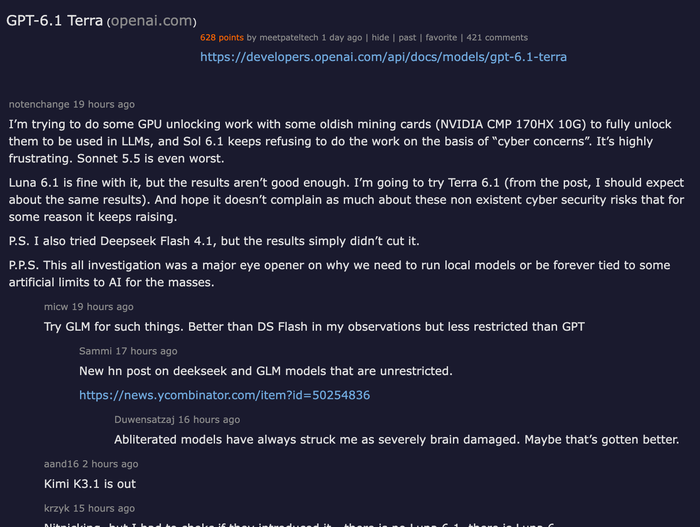 Hacker News discussion thread for GPT-6.1 Terra launch — 628 points with active debate on computer-use capabilities and safety