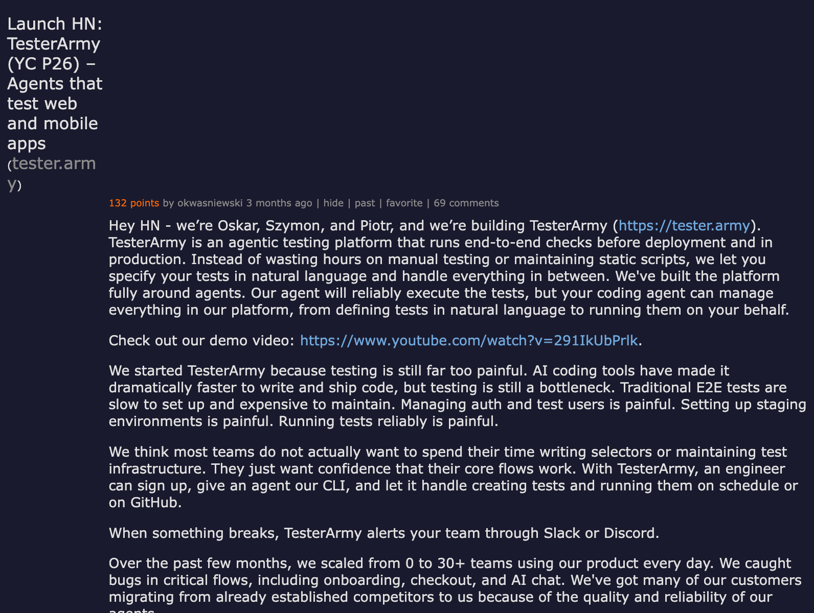 Hacker News Launch HN thread — TesterArmy YC P26 — Agents that test web and mobile apps, community discussion