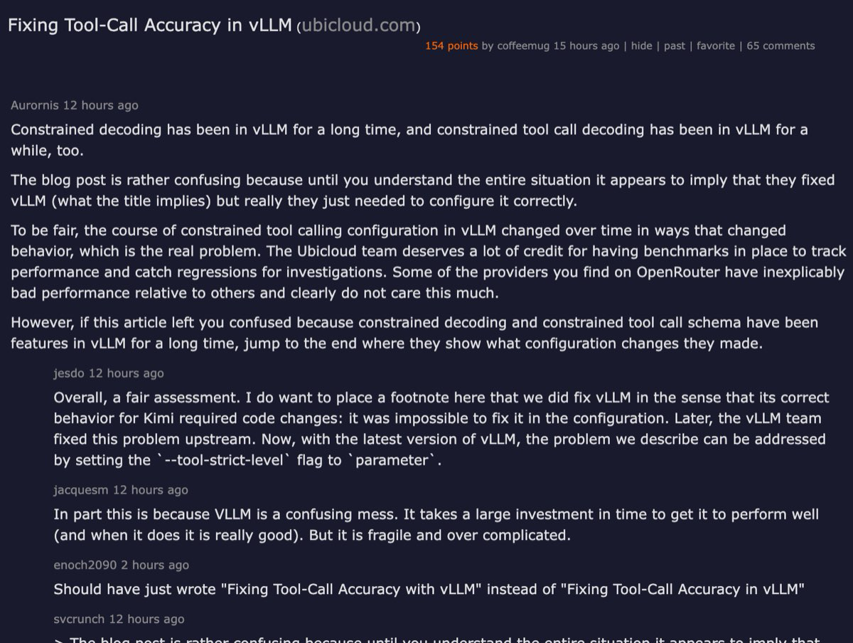 Hacker News discussion of fixing tool-call accuracy in vLLM with 116 points and 61 comments