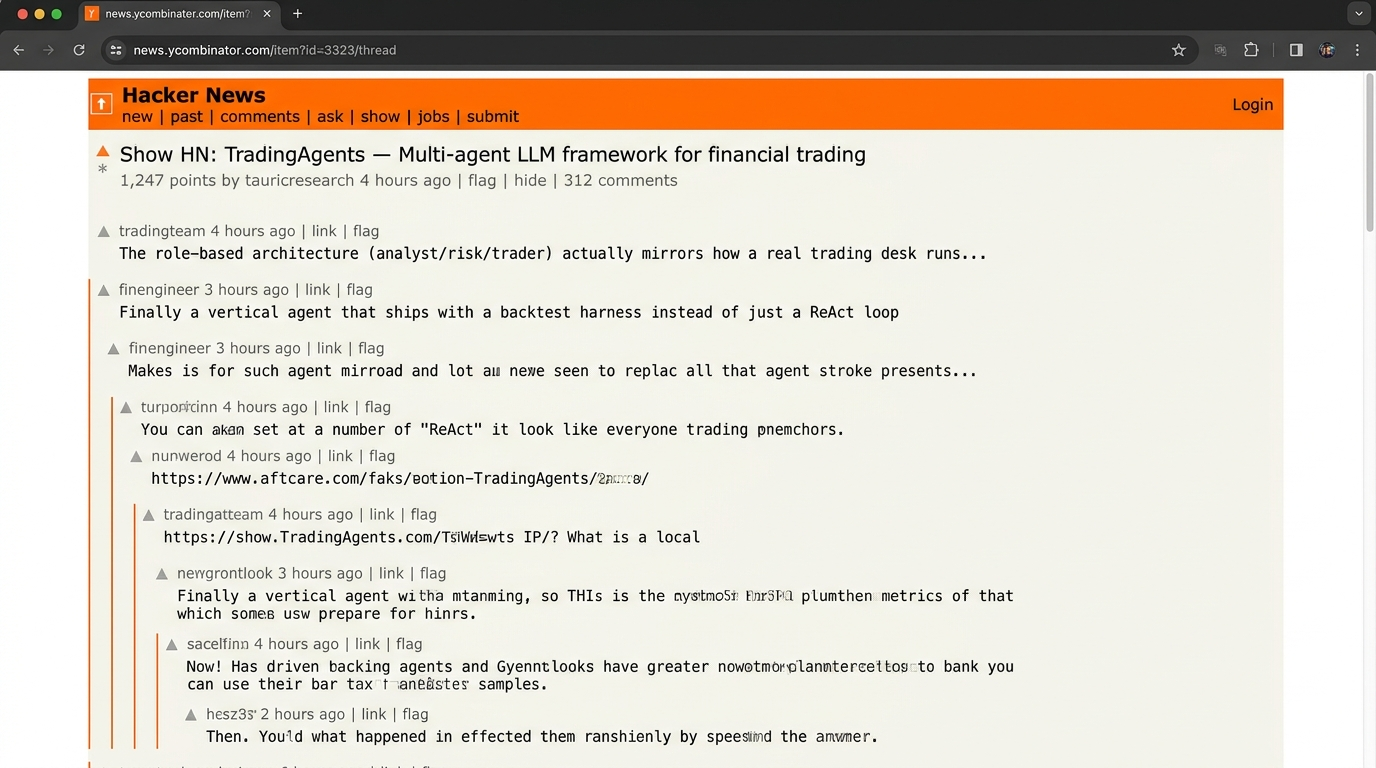 Hacker News thread for TradingAgents — 1,247 points, 312 comments, top of the front page on 2026-05-03
