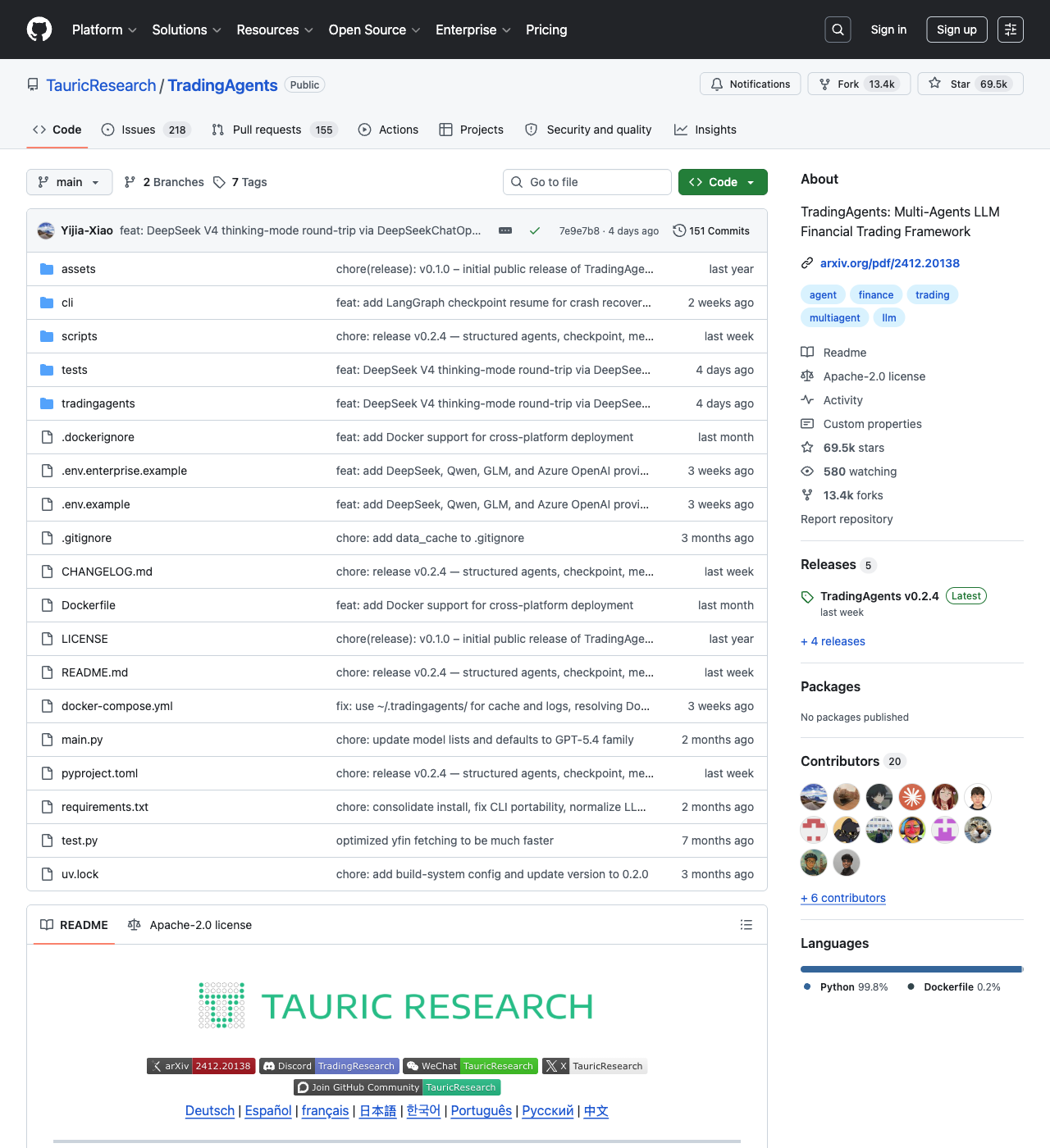 TradingAgents GitHub repo — TauricResearch/TradingAgents, 69K stars, multi-agent LLM financial trading framework