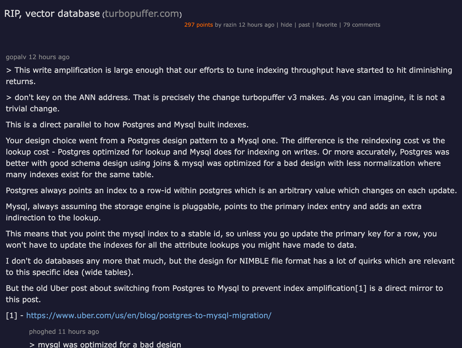 Hacker News discussion thread on turbopuffer's RIP vector database post — debating whether vector search is a feature or a product category