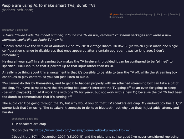 Hacker News thread: People are using AI to make smart TVs dumb TVs — community discussion on the CleanYourTV trend