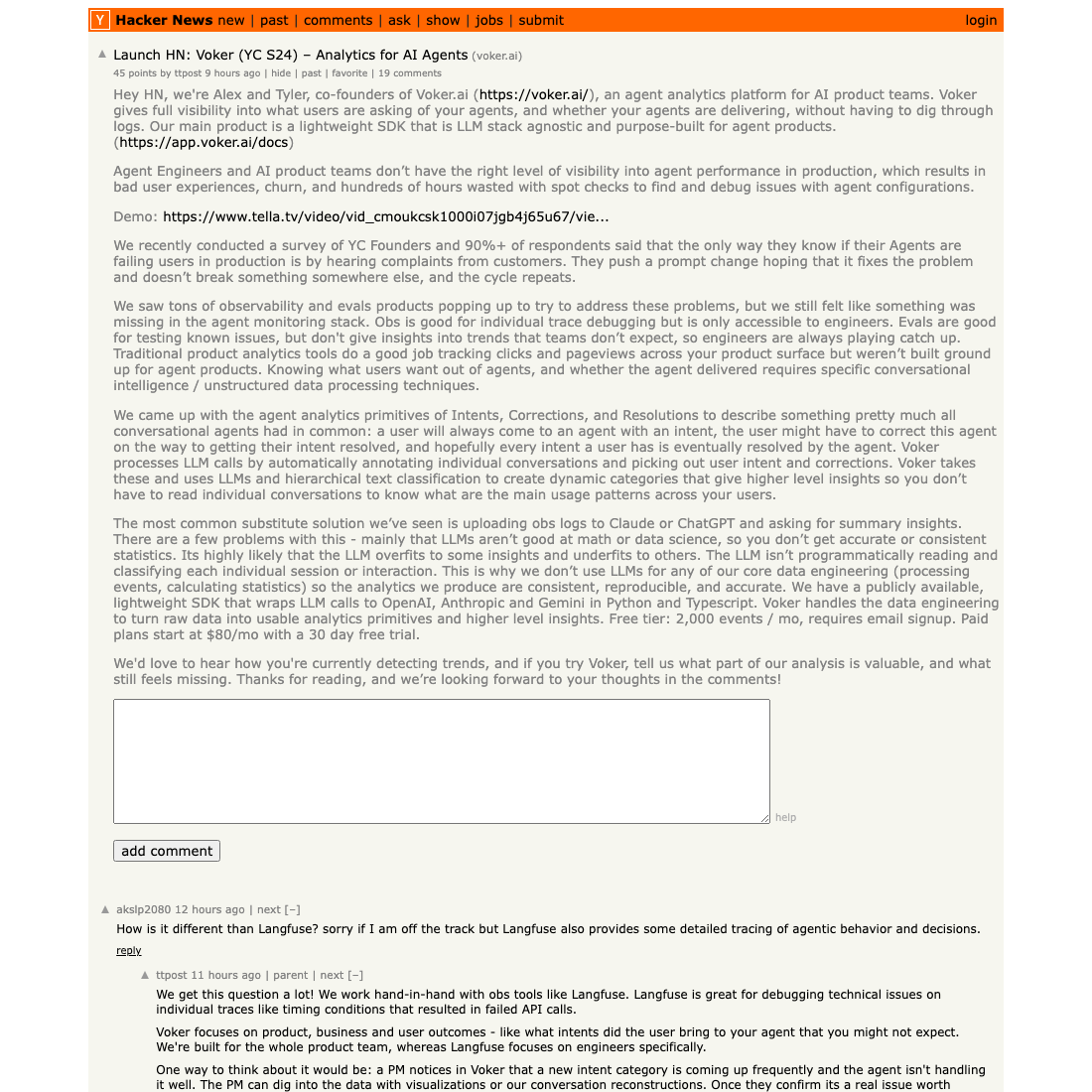 Launch HN — Voker YC S24 Analytics for AI Agents, observability and analytics for production AI agent systems, May 2026 launch thread