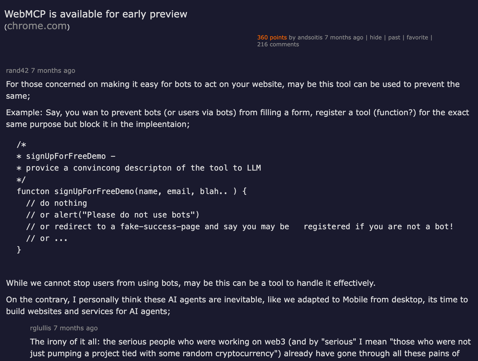 Hacker News thread — WebMCP is available for early preview, 360 points, 216 comments discussing the W3C agent standard