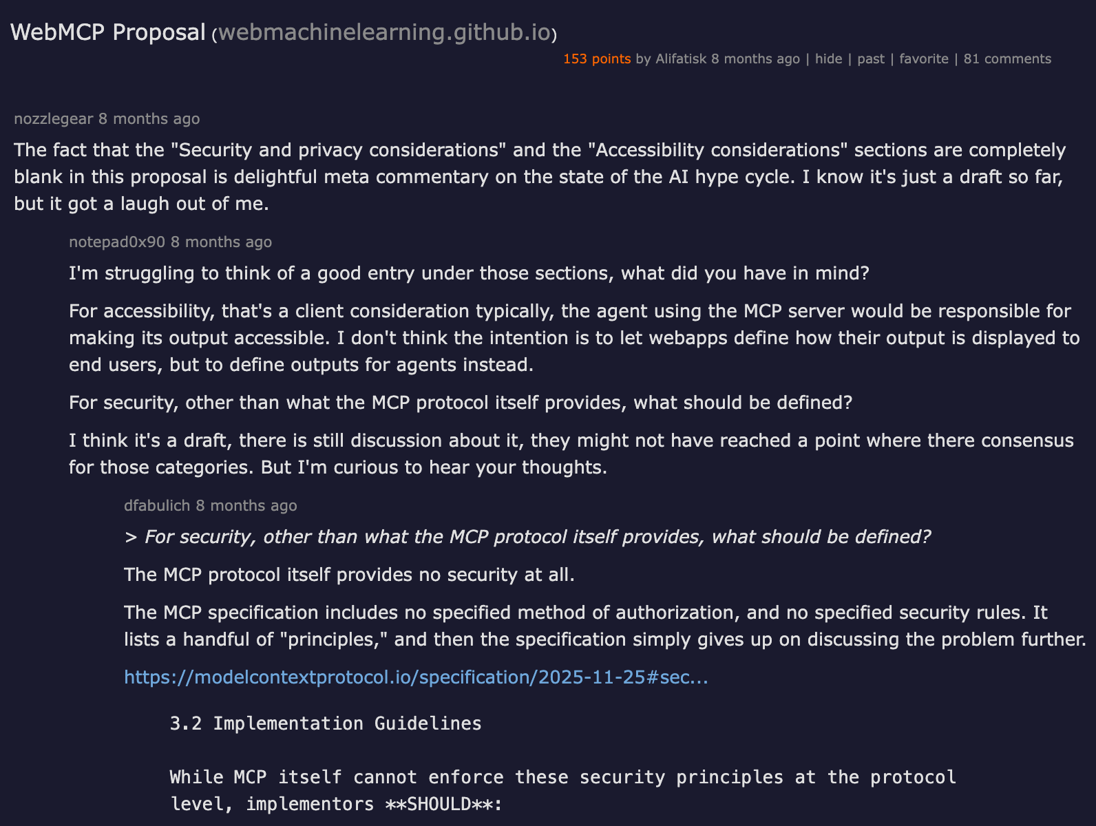 Hacker News thread — WebMCP Proposal discussion, 153 points, 81 comments debating the W3C standard for browser agents