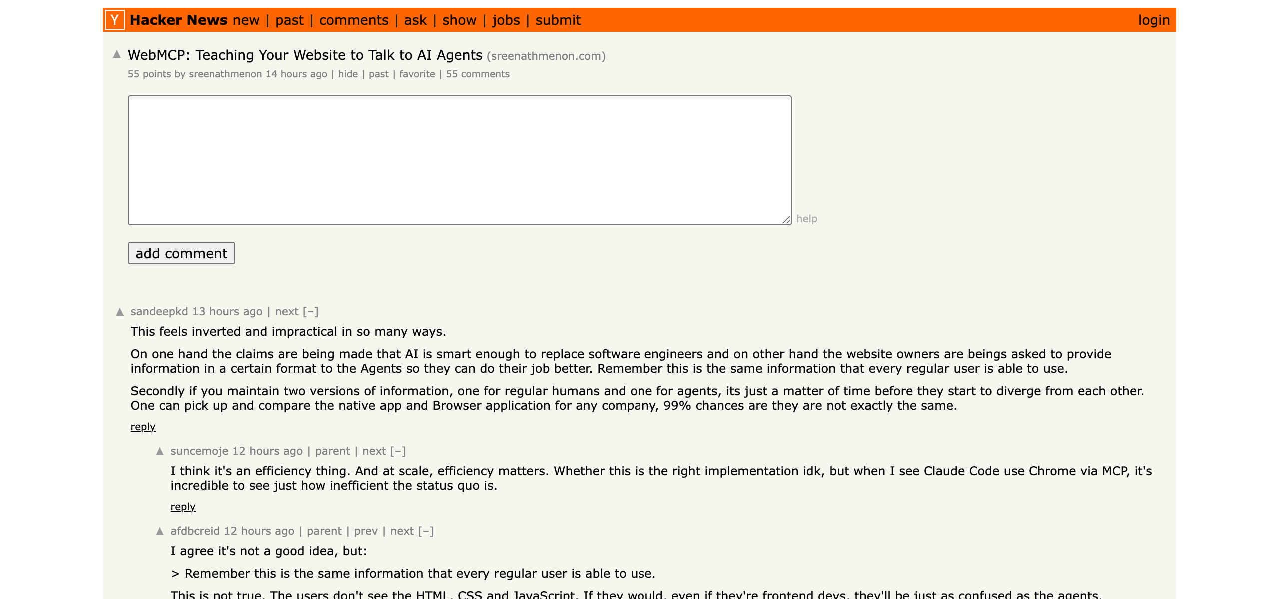 Hacker News thread — WebMCP: Teaching Your Website to Talk to AI Agents, developer discussion and reactions
