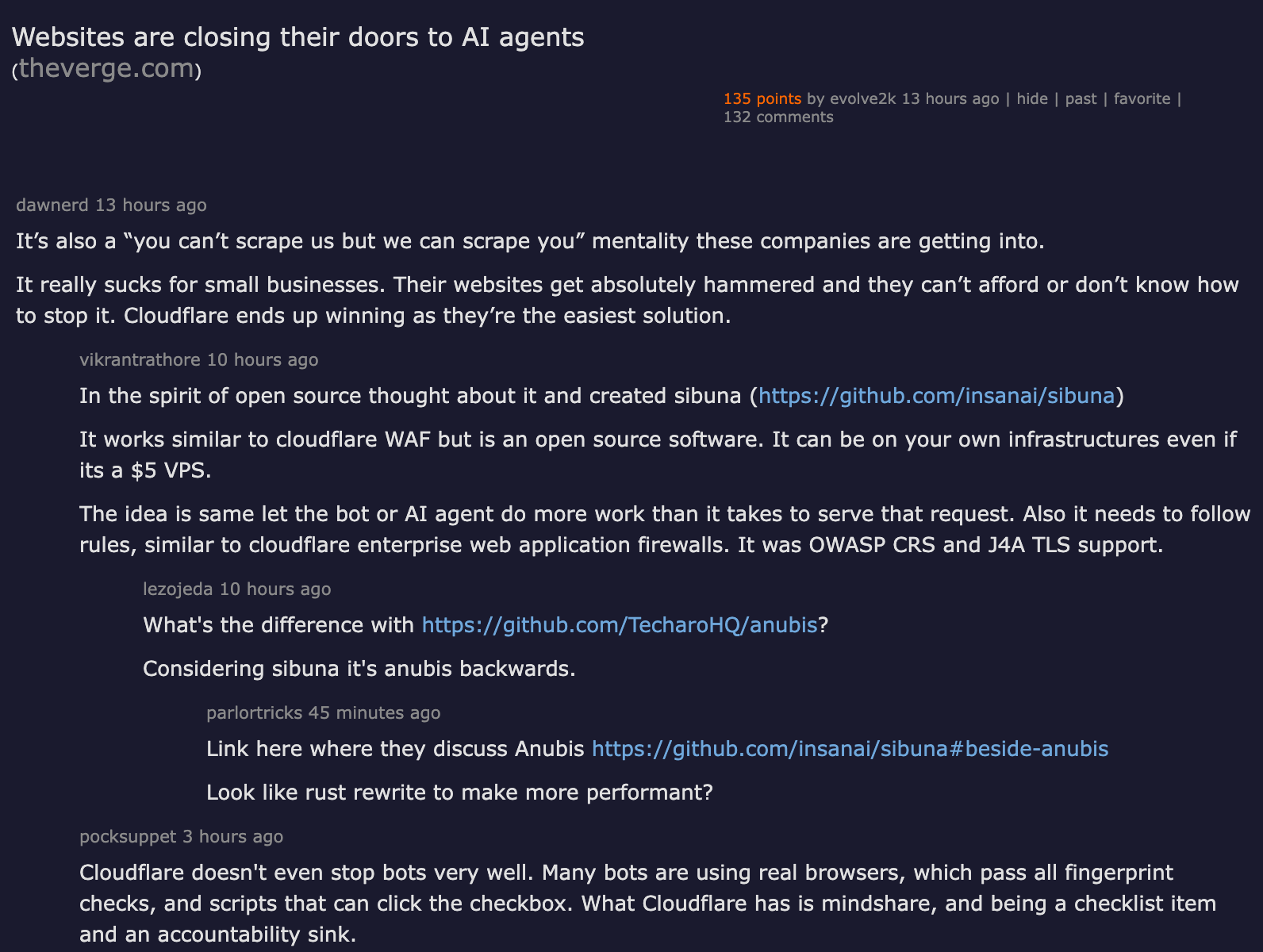 Hacker News discussion — Websites are closing their doors to AI agents, 110 points and 93 comments debating the economic implications