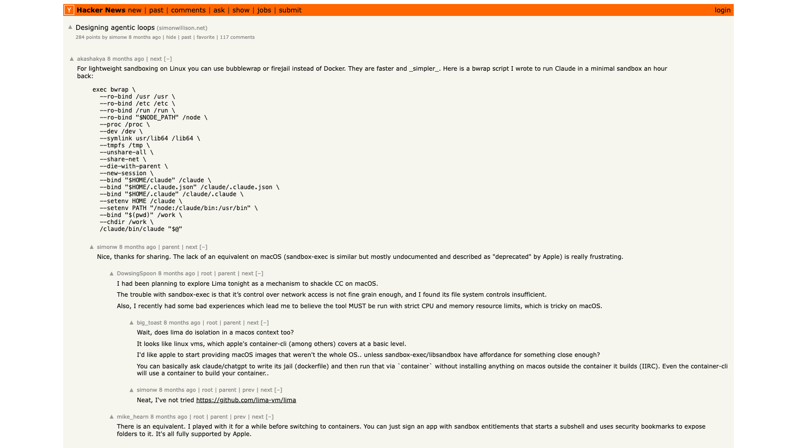Hacker News discussion on Designing Agentic Loops by Simon Willison — hundreds of practitioners debating loop patterns