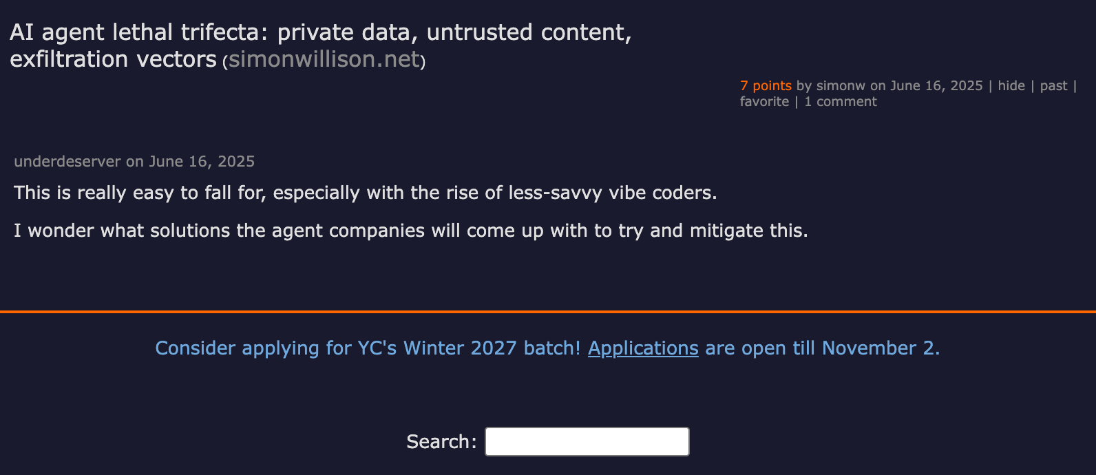 Hacker News submission of Simon Willison's lethal trifecta blog post — AI agent lethal trifecta: private data, untrusted content, exfiltration vectors