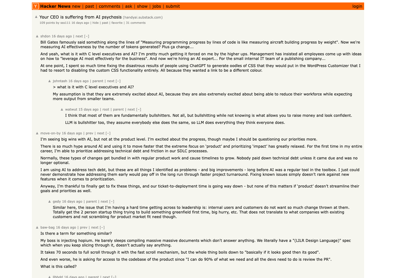 Hacker News thread Your CEO is Suffering from AI Psychosis — 264 points, operators reporting AI-mandate dysfunction at companies across the industry